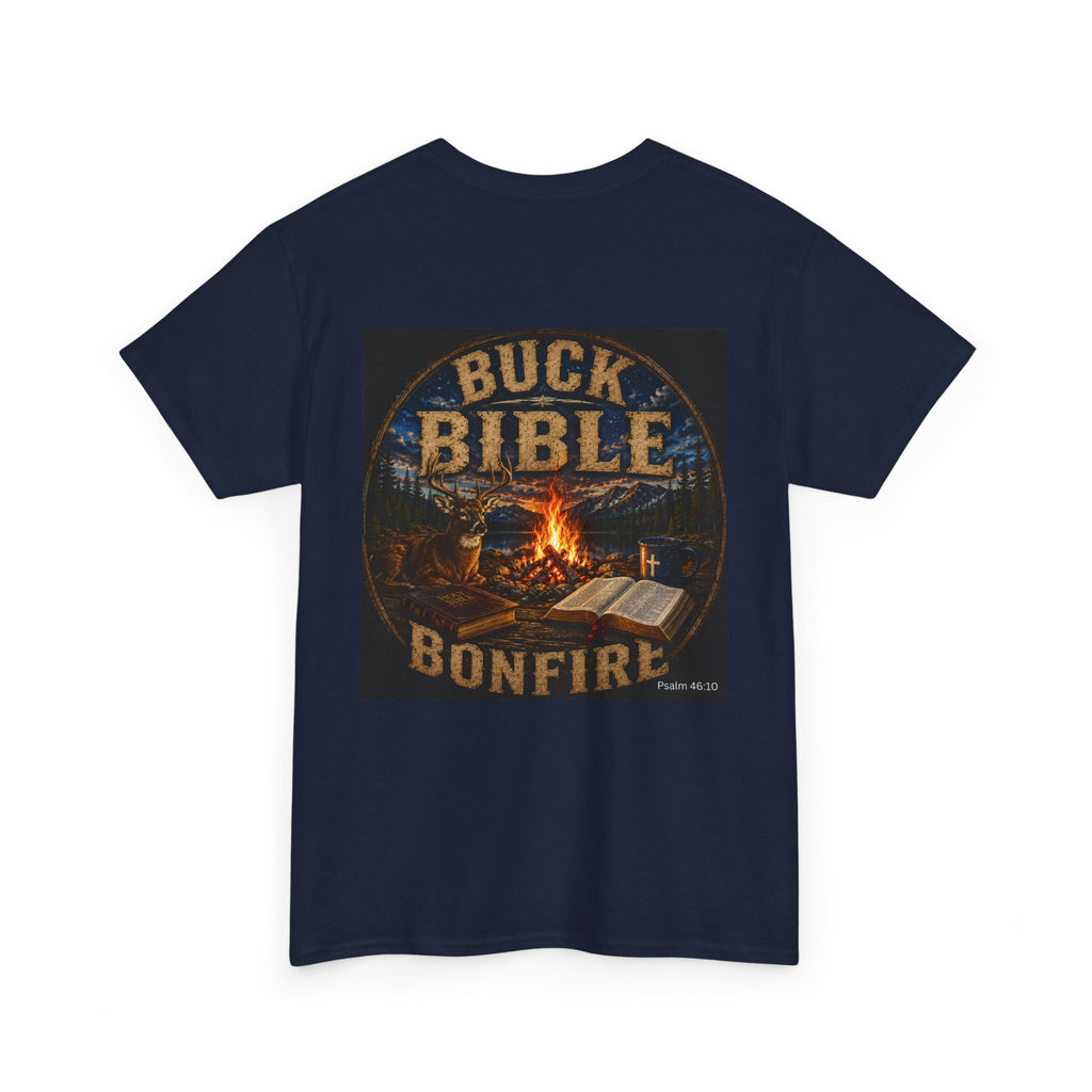 Buck Bible Bonfire Christian Hunting Shirt | Faith Outdoors T-Shirt | Rustic Campfire Deer Unisex Heavy Cotton Tee