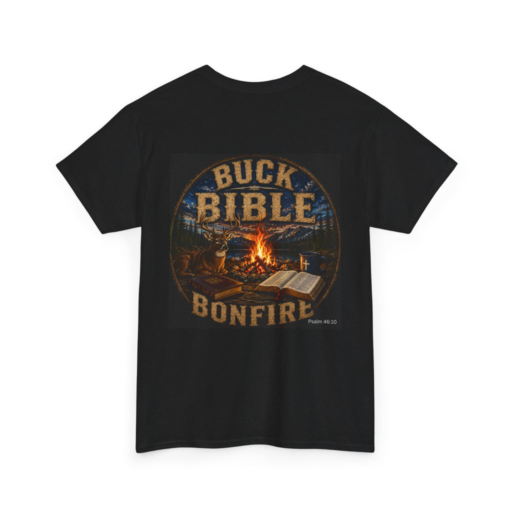 Buck Bible Bonfire Christian Hunting Shirt | Faith Outdoors T-Shirt | Rustic Campfire Deer Unisex Heavy Cotton Tee