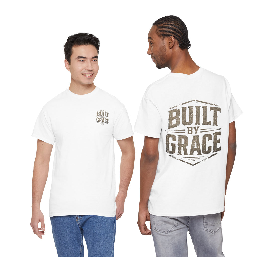 Built By Grace Christian T-Shirt | Rugged Faith-Based Graphic Tee | Inspirational Western Style Unisex Heavy Cotton Tee