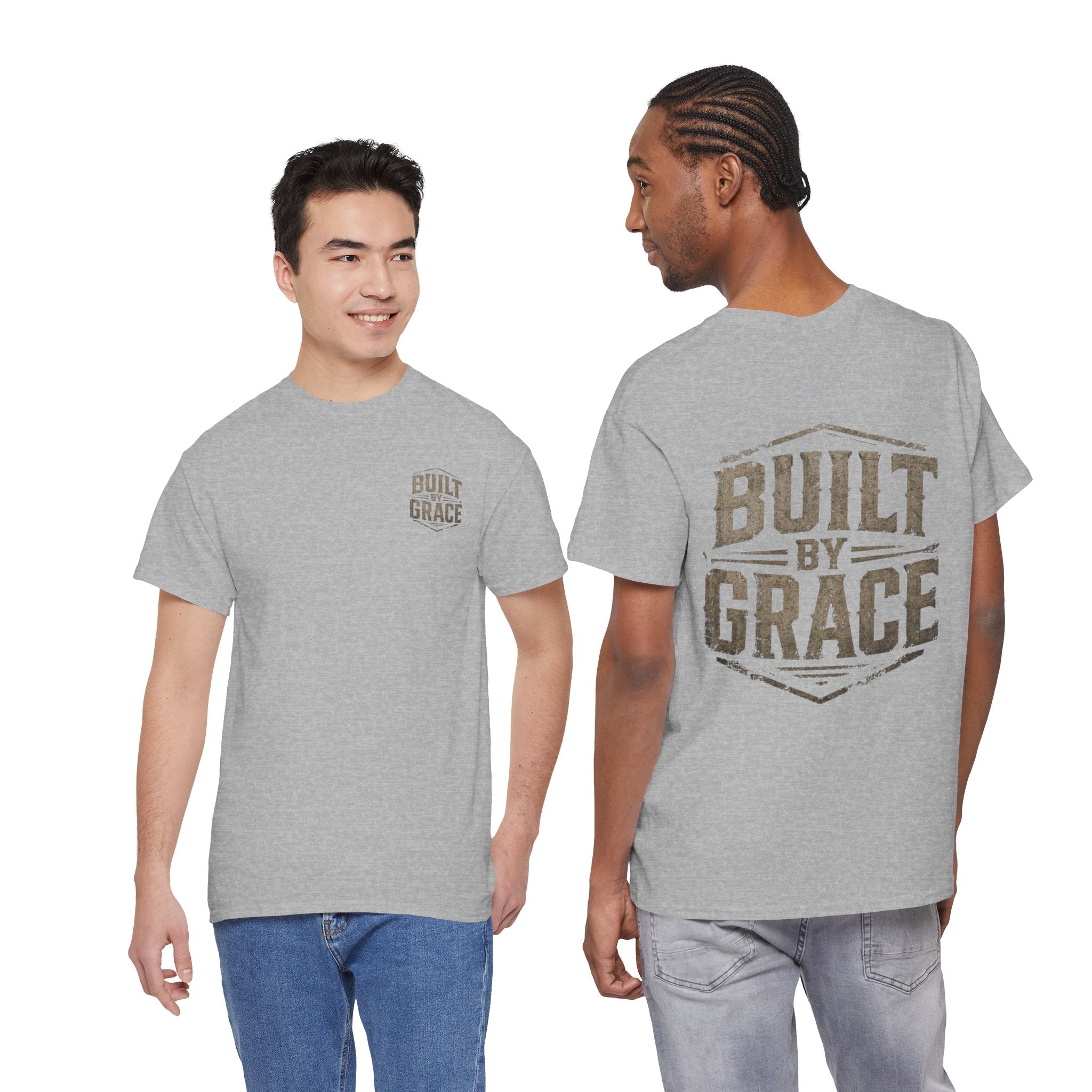 Built By Grace Christian T-Shirt | Rugged Faith-Based Graphic Tee | Inspirational Western Style Unisex Heavy Cotton Tee