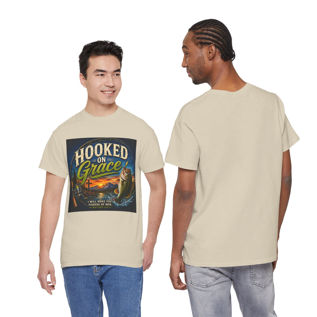 Hooked on Grace Christian Fishing T-Shirt | Faith Based Outdoor Unisex Heavy Cotton Tee