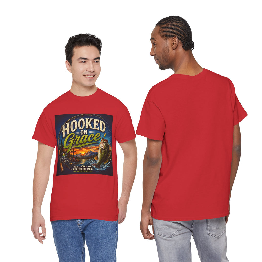 Hooked on Grace Christian Fishing T-Shirt | Faith Based Outdoor Unisex Heavy Cotton Tee