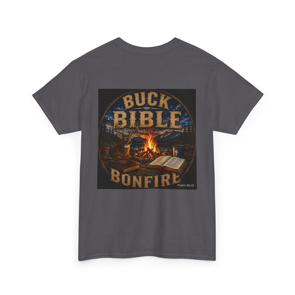 Buck Bible Bonfire Christian Hunting Shirt | Faith Outdoors T-Shirt | Rustic Campfire Deer Unisex Heavy Cotton Tee
