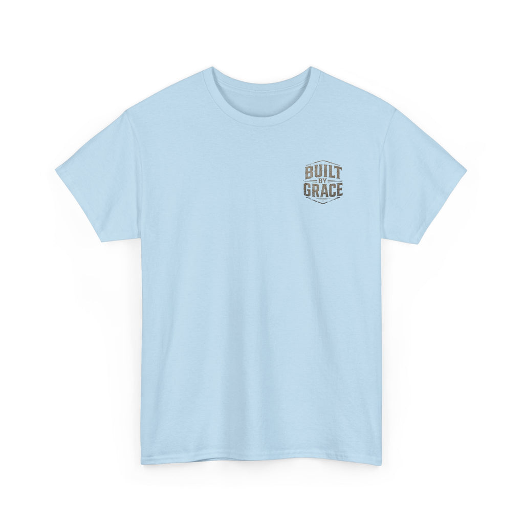 Built By Grace Christian T-Shirt | Rugged Faith-Based Graphic Tee | Inspirational Western Style Unisex Heavy Cotton Tee