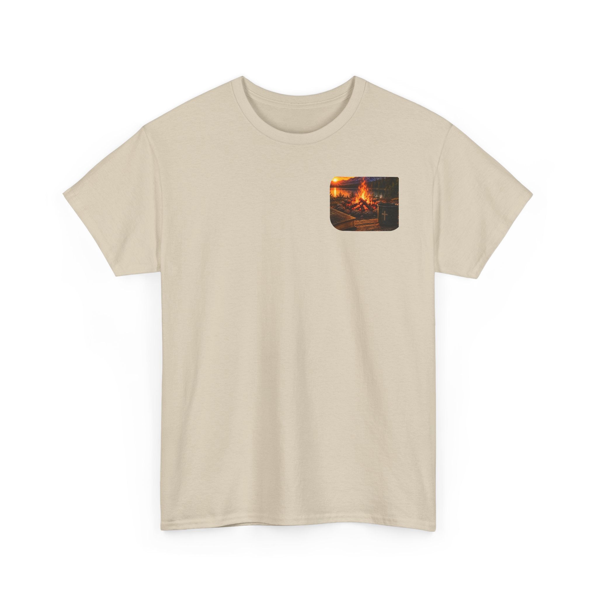 Buck Bible Bonfire Christian Hunting Shirt | Faith Outdoors T-Shirt | Rustic Campfire Deer Unisex Heavy Cotton Tee