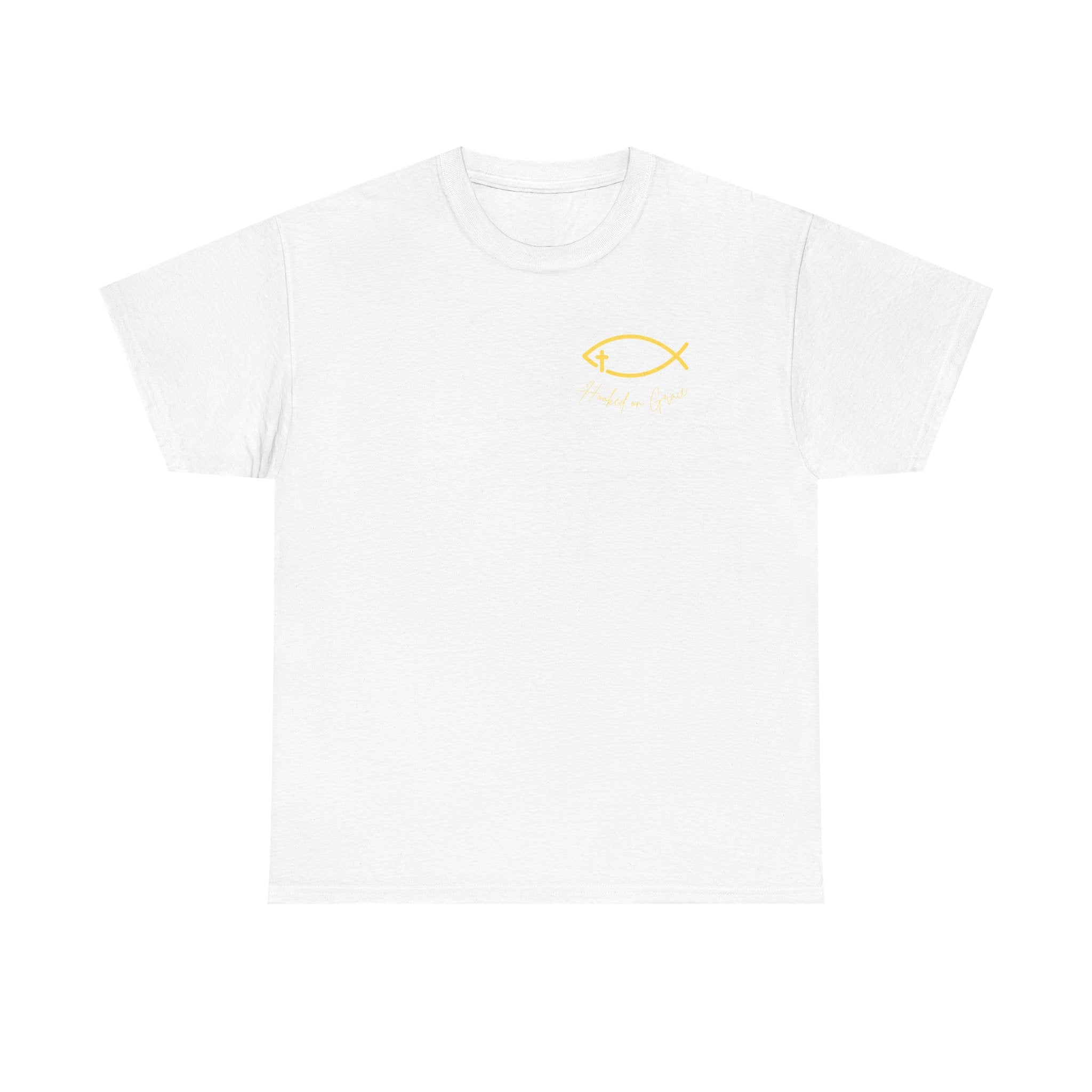 Hooked on Grace Christian Fishing Shirt | Faith-Based Outdoor Tee | Inspirational Fisherman Graphic T-Shirt Unisex Heavy Cotton Tee