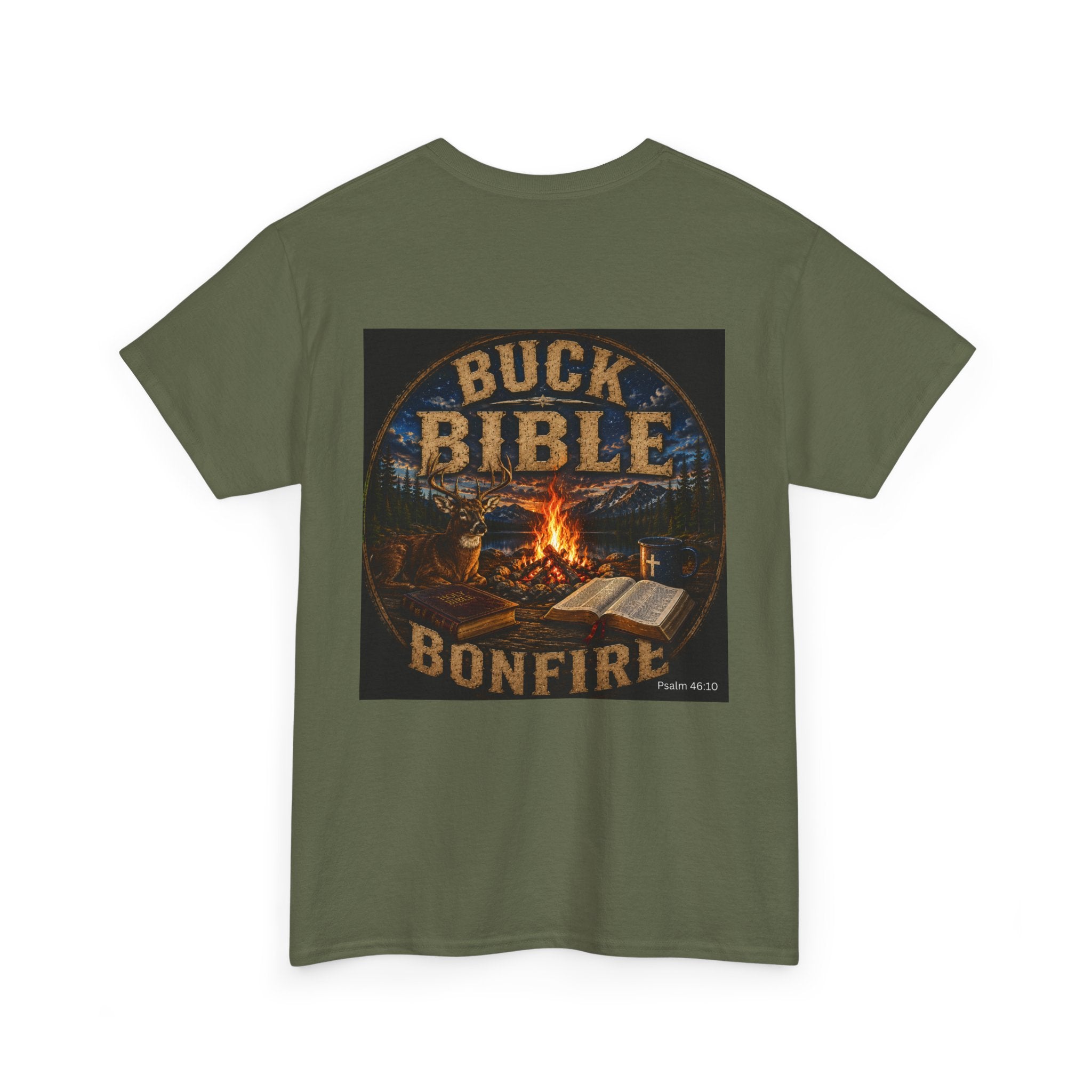 Buck Bible Bonfire Christian Hunting Shirt | Faith Outdoors T-Shirt | Rustic Campfire Deer Unisex Heavy Cotton Tee