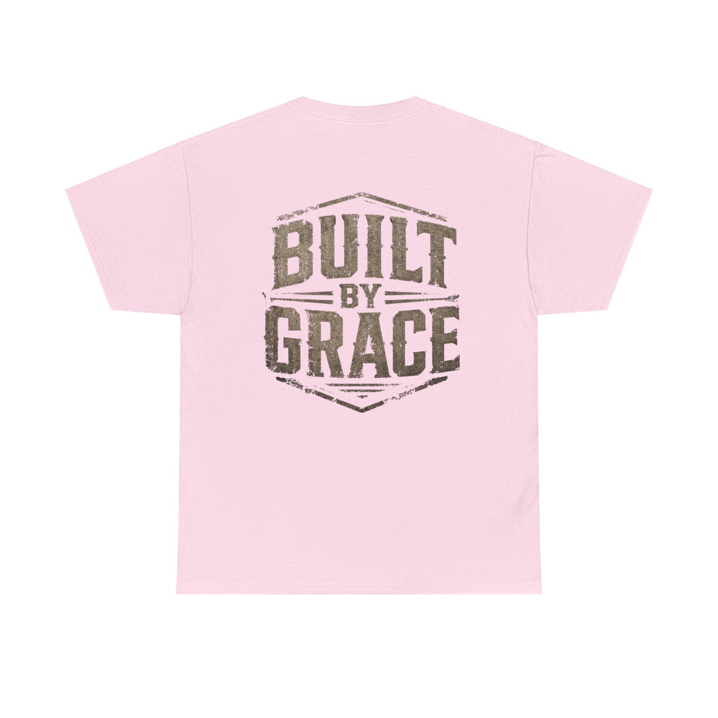 Built By Grace Christian T-Shirt | Rugged Faith-Based Graphic Tee | Inspirational Western Style Unisex Heavy Cotton Tee
