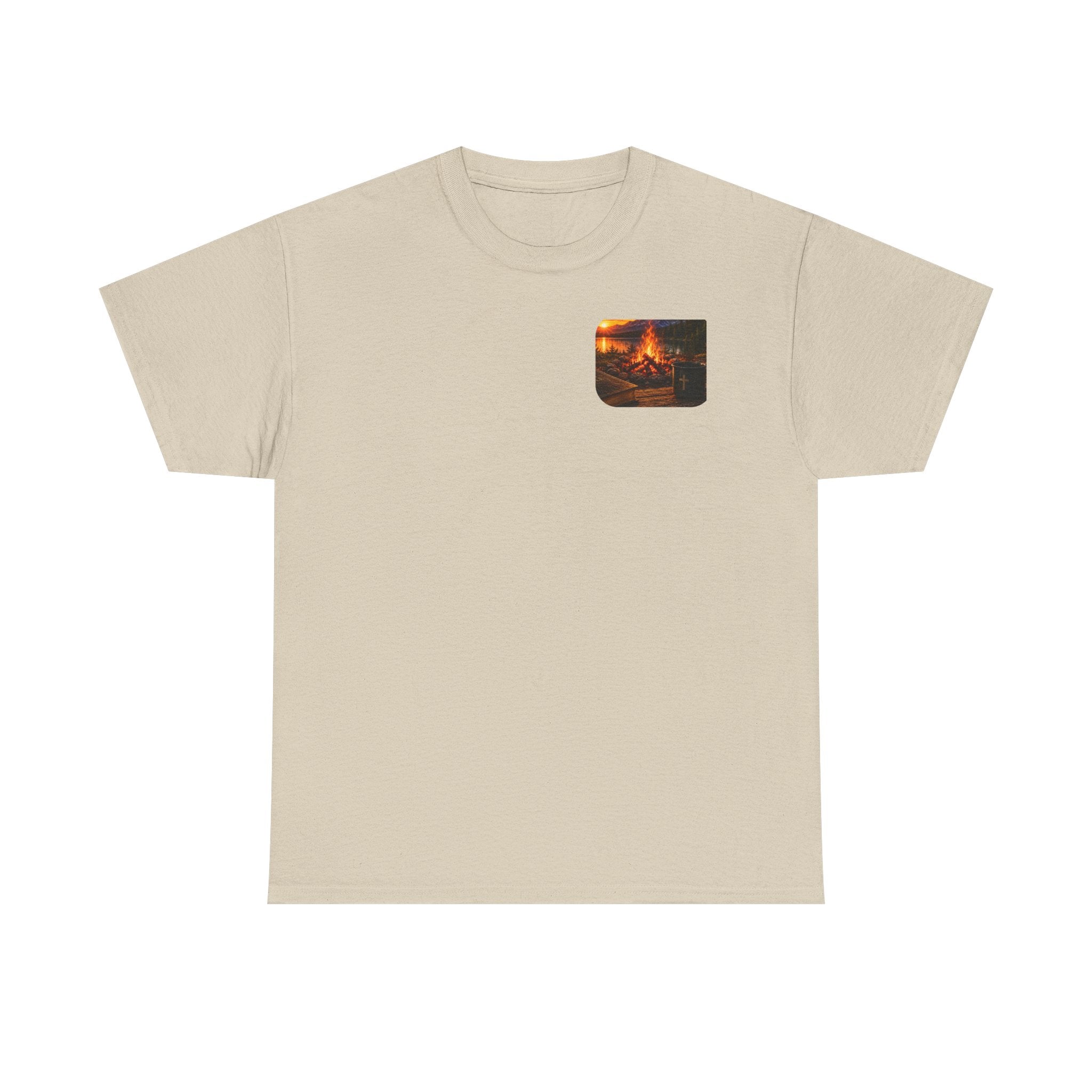 Buck Bible Bonfire Christian Hunting Shirt | Faith Outdoors T-Shirt | Rustic Campfire Deer Unisex Heavy Cotton Tee