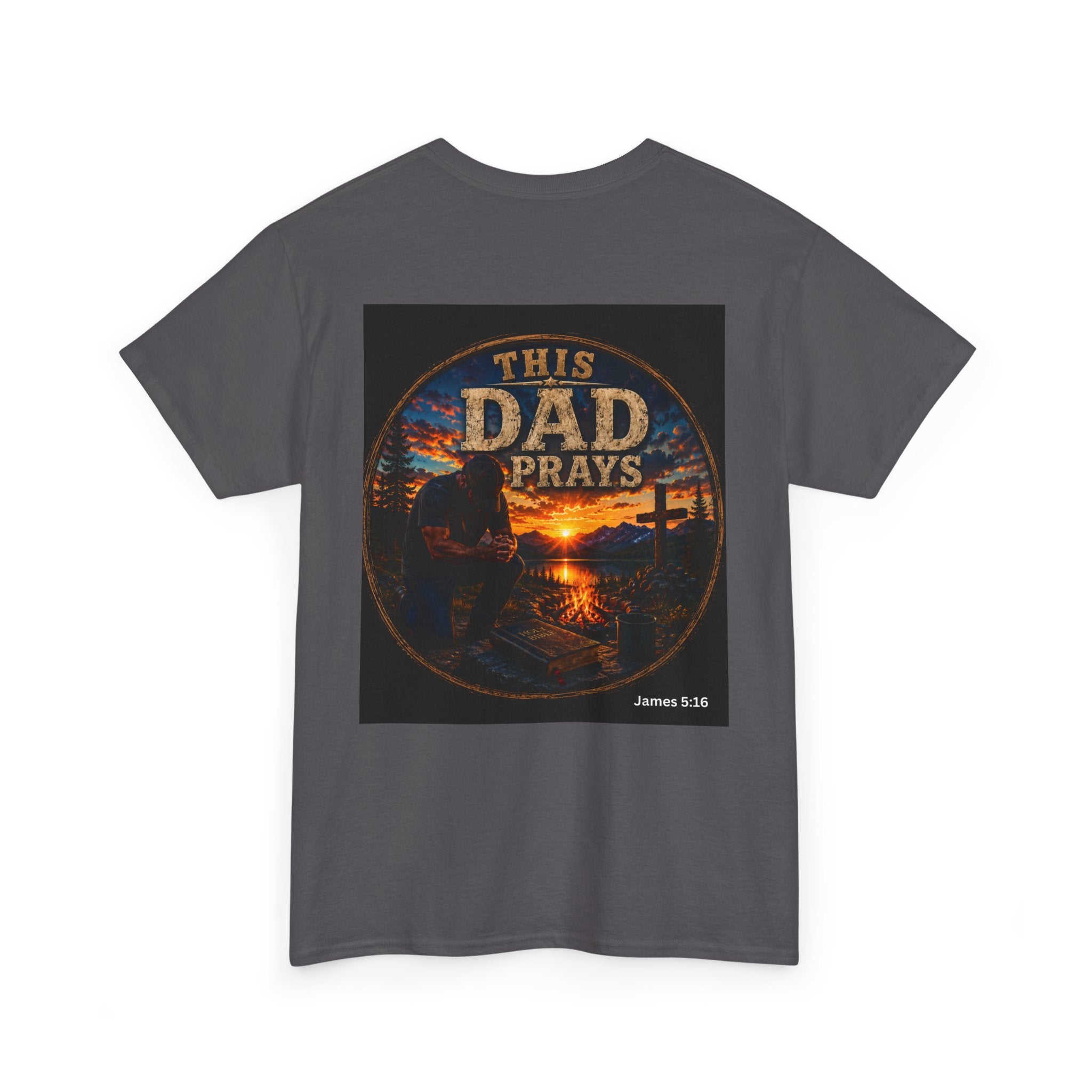 This Dad Prays Christian Outdoors T-Shirt – Faith, Family & Wilderness Sunset TeeUnisex Heavy Cotton Tee