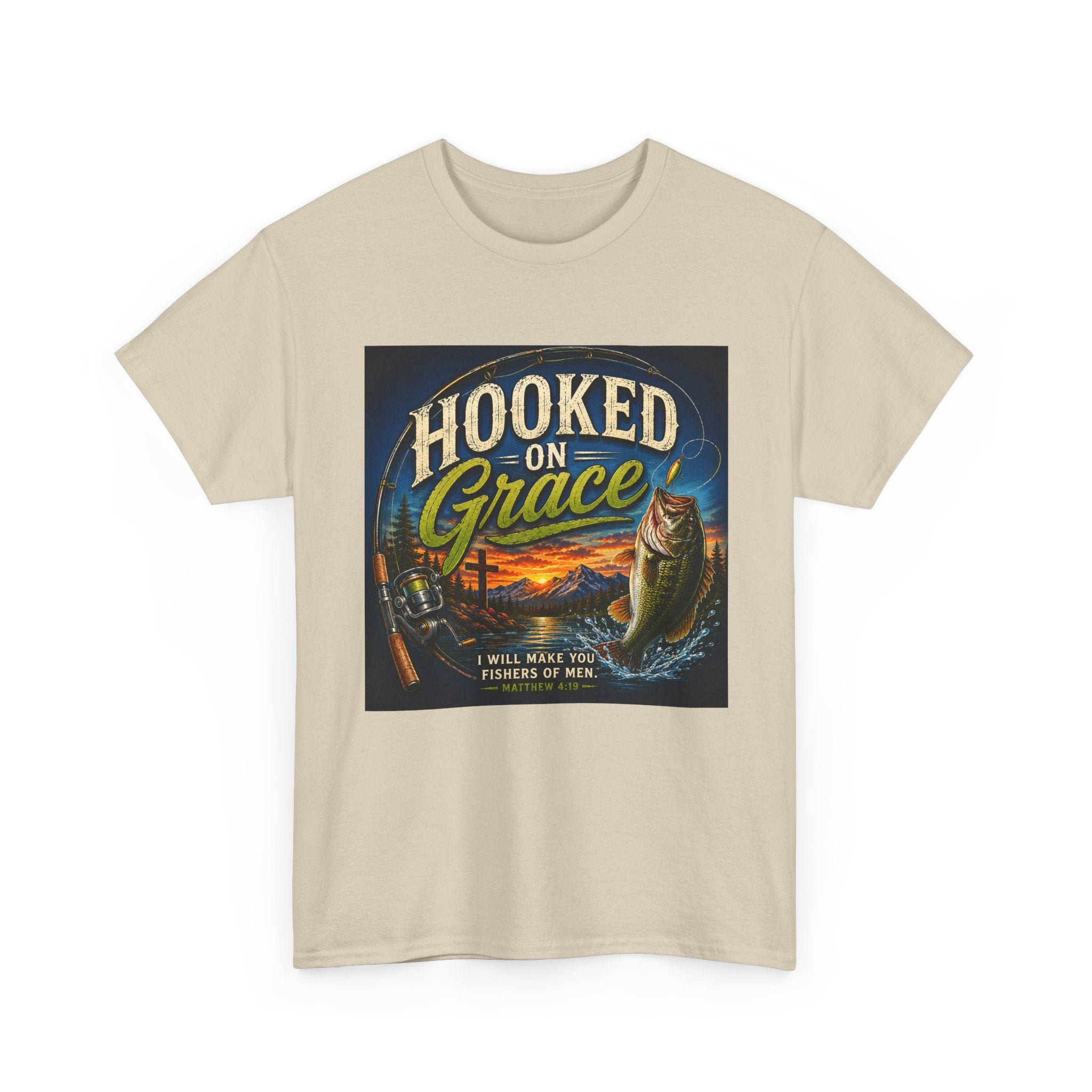 Hooked on Grace Christian Fishing T-Shirt | Faith Based Outdoor Unisex Heavy Cotton Tee