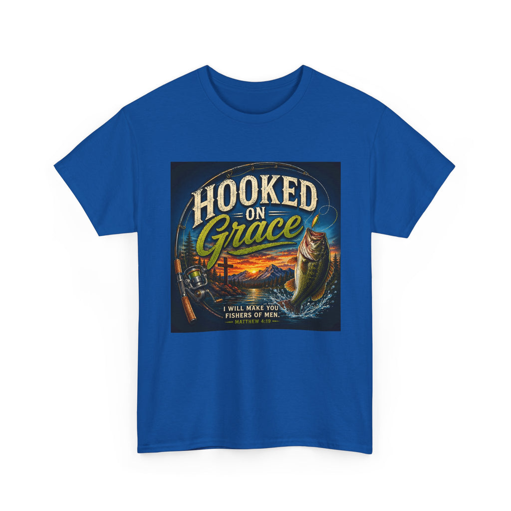 Hooked on Grace Christian Fishing T-Shirt | Faith Based Outdoor Unisex Heavy Cotton Tee