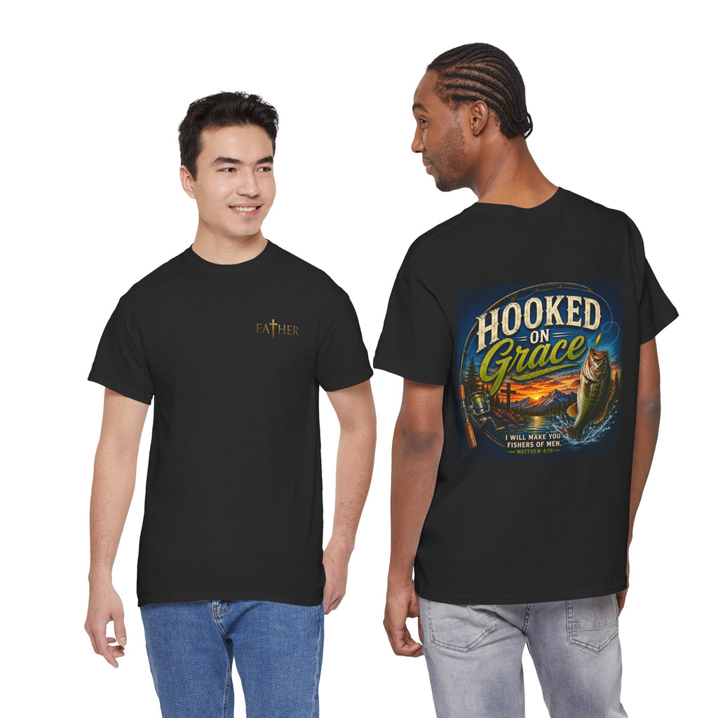 Hooked on Grace Christian Fishing T-Shirt | Faith Based Outdoor Unisex Heavy Cotton Tee