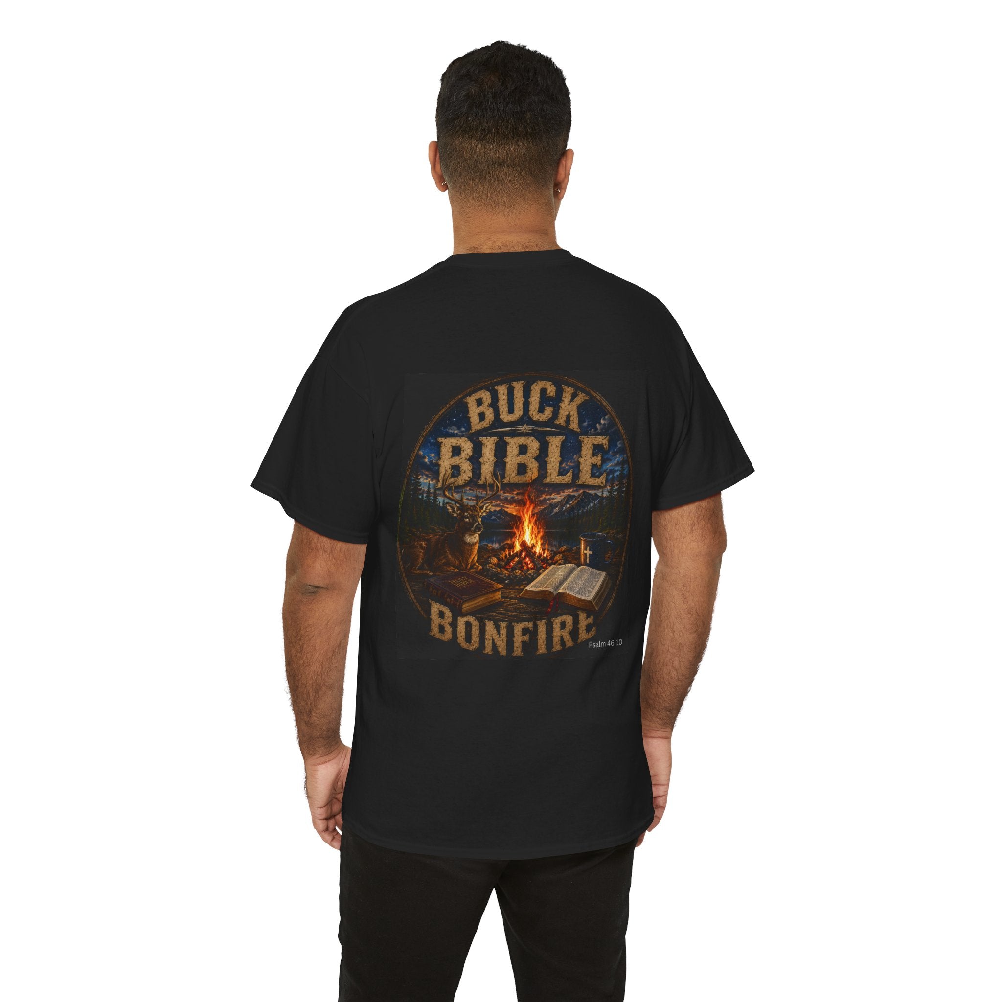 Buck Bible Bonfire Christian Hunting Shirt | Faith Outdoors T-Shirt | Rustic Campfire Deer Unisex Heavy Cotton Tee