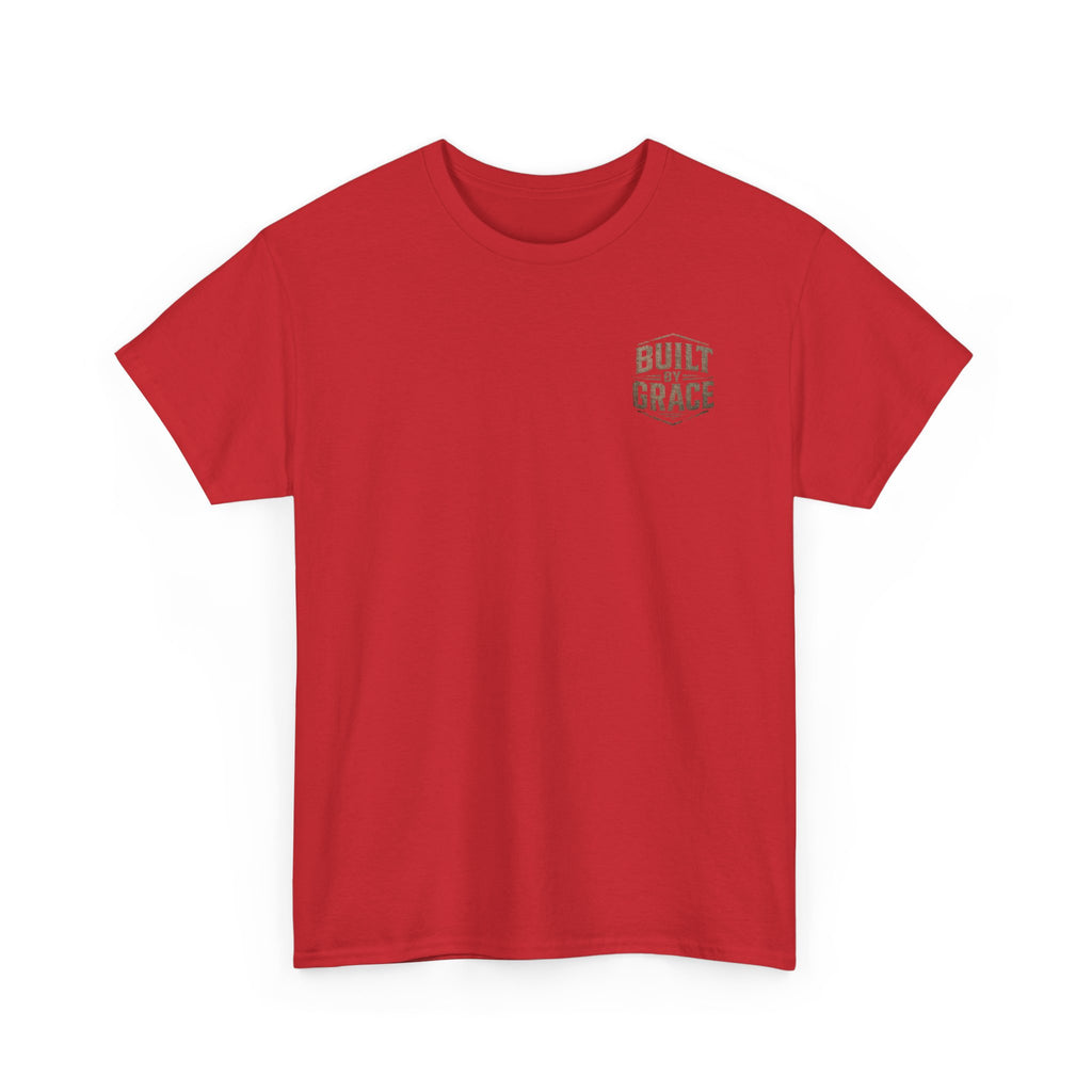Built By Grace Christian T-Shirt | Rugged Faith-Based Graphic Tee | Inspirational Western Style Unisex Heavy Cotton Tee