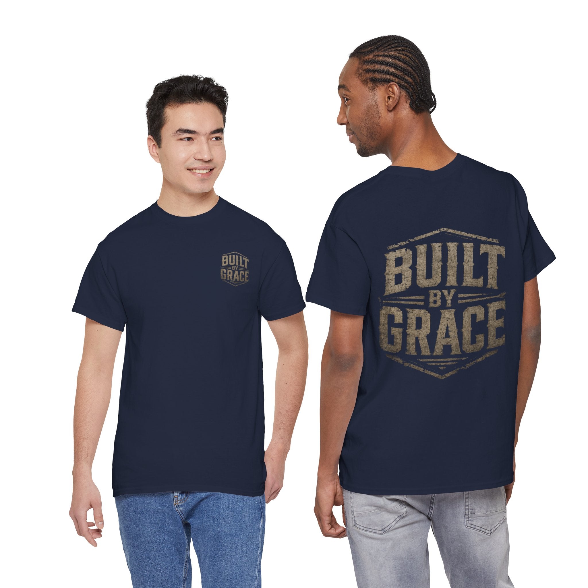 Built By Grace Christian T-Shirt | Rugged Faith-Based Graphic Tee | Inspirational Western Style Unisex Heavy Cotton Tee