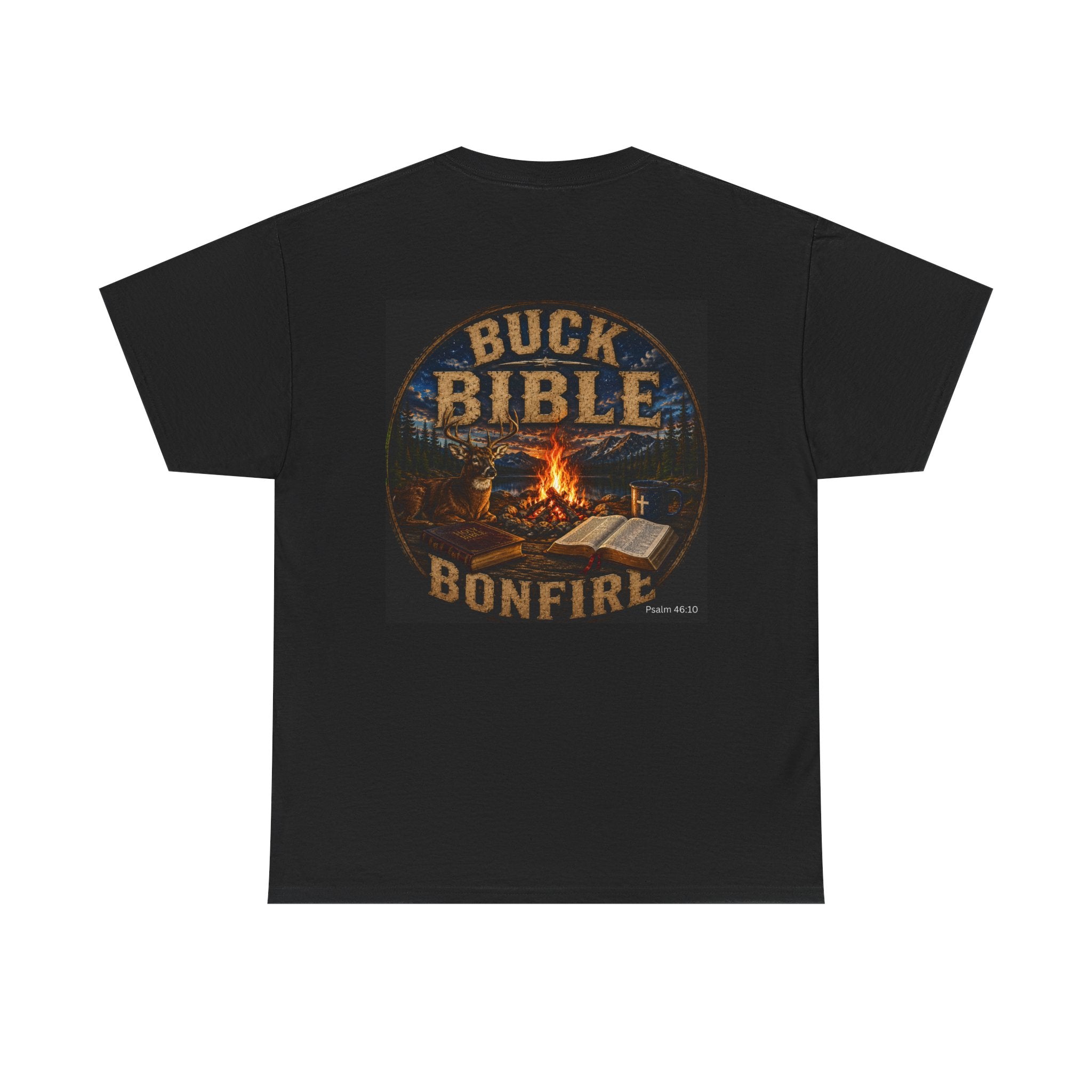 Buck Bible Bonfire Christian Hunting Shirt | Faith Outdoors T-Shirt | Rustic Campfire Deer Unisex Heavy Cotton Tee