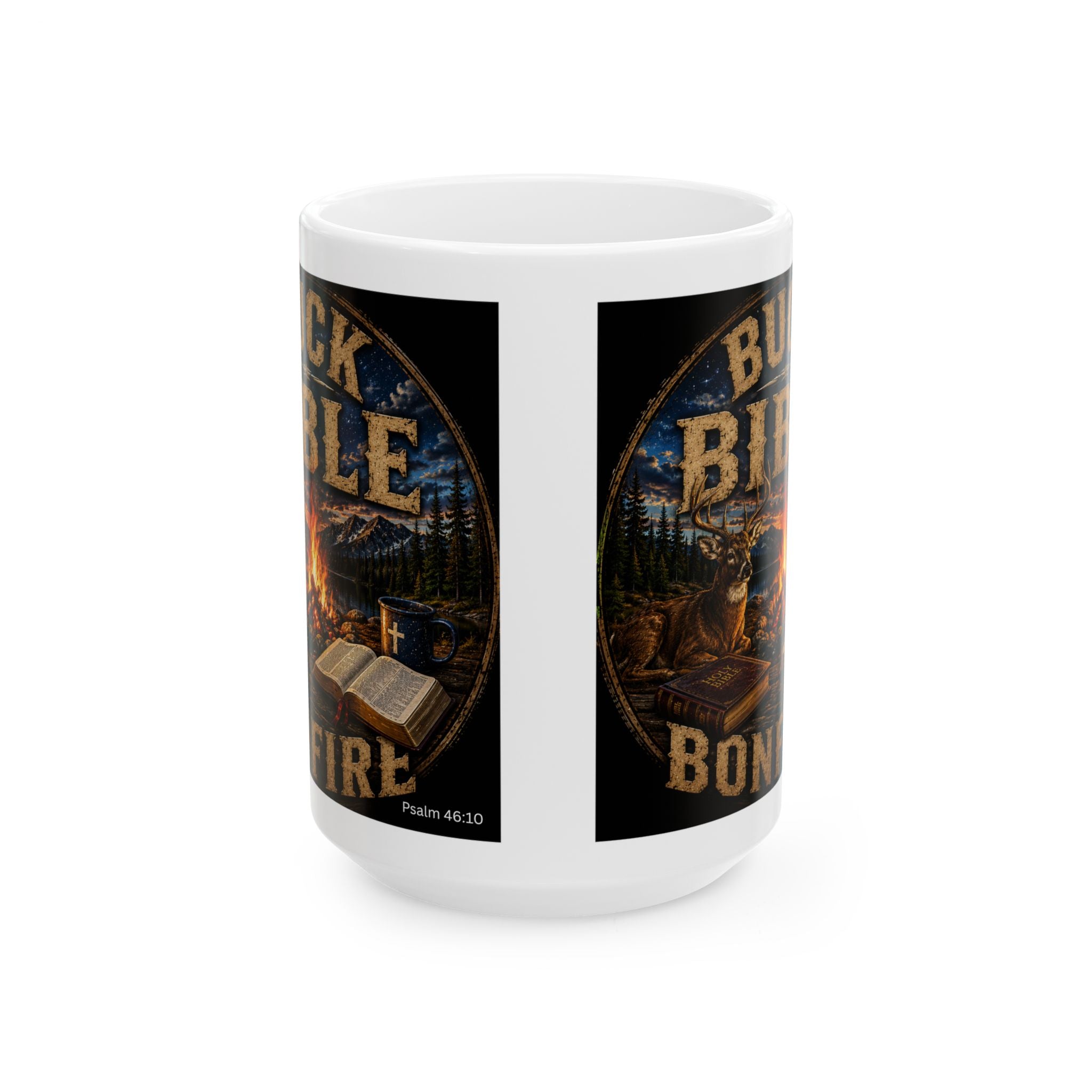 Buck Bible Bonfire Christian Coffee Mug – Faith Inspired Campfire Mug -Ceramic Mug, (11oz, 15oz)