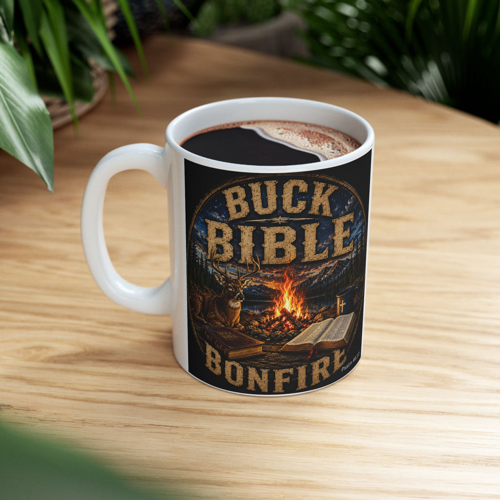 Buck Bible Bonfire Christian Coffee Mug – Faith Inspired Campfire Mug -Ceramic Mug, (11oz, 15oz)