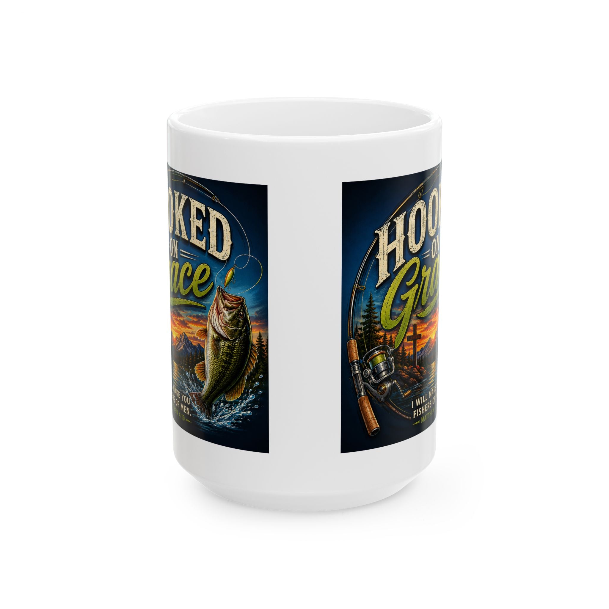 Hooked on Grace Christian Fishing Mug | Matthew 4:19 Fisher of Men Coffee Ceramic Mug, (11oz, 15oz)