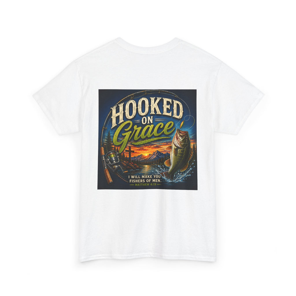 Hooked on Grace Christian Fishing T-Shirt | Faith Based Outdoor Unisex Heavy Cotton Tee