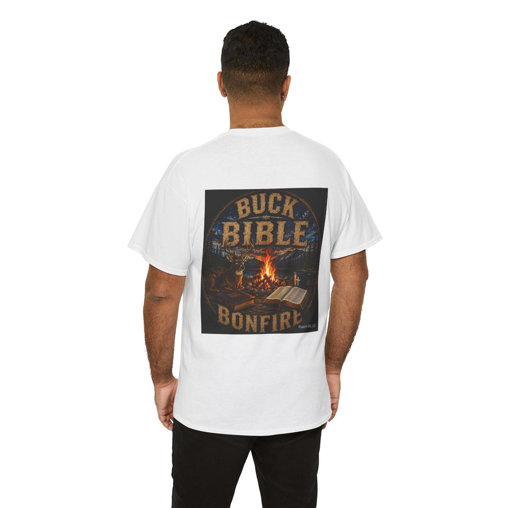 Buck Bible Bonfire Christian Hunting Shirt | Faith Outdoors T-Shirt | Rustic Campfire Deer Unisex Heavy Cotton Tee