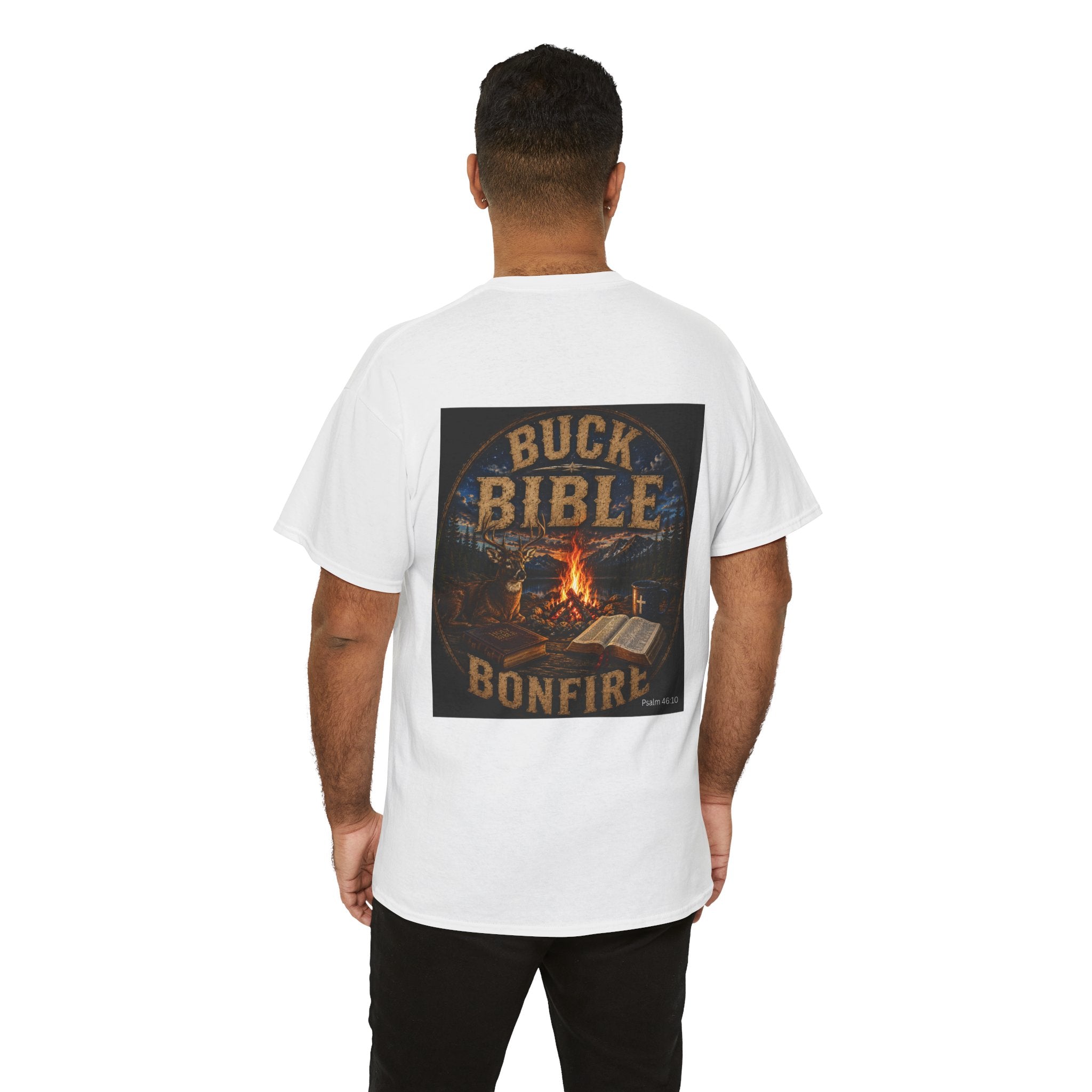 Buck Bible Bonfire Christian Hunting Shirt | Faith Outdoors T-Shirt | Rustic Campfire Deer Unisex Heavy Cotton Tee