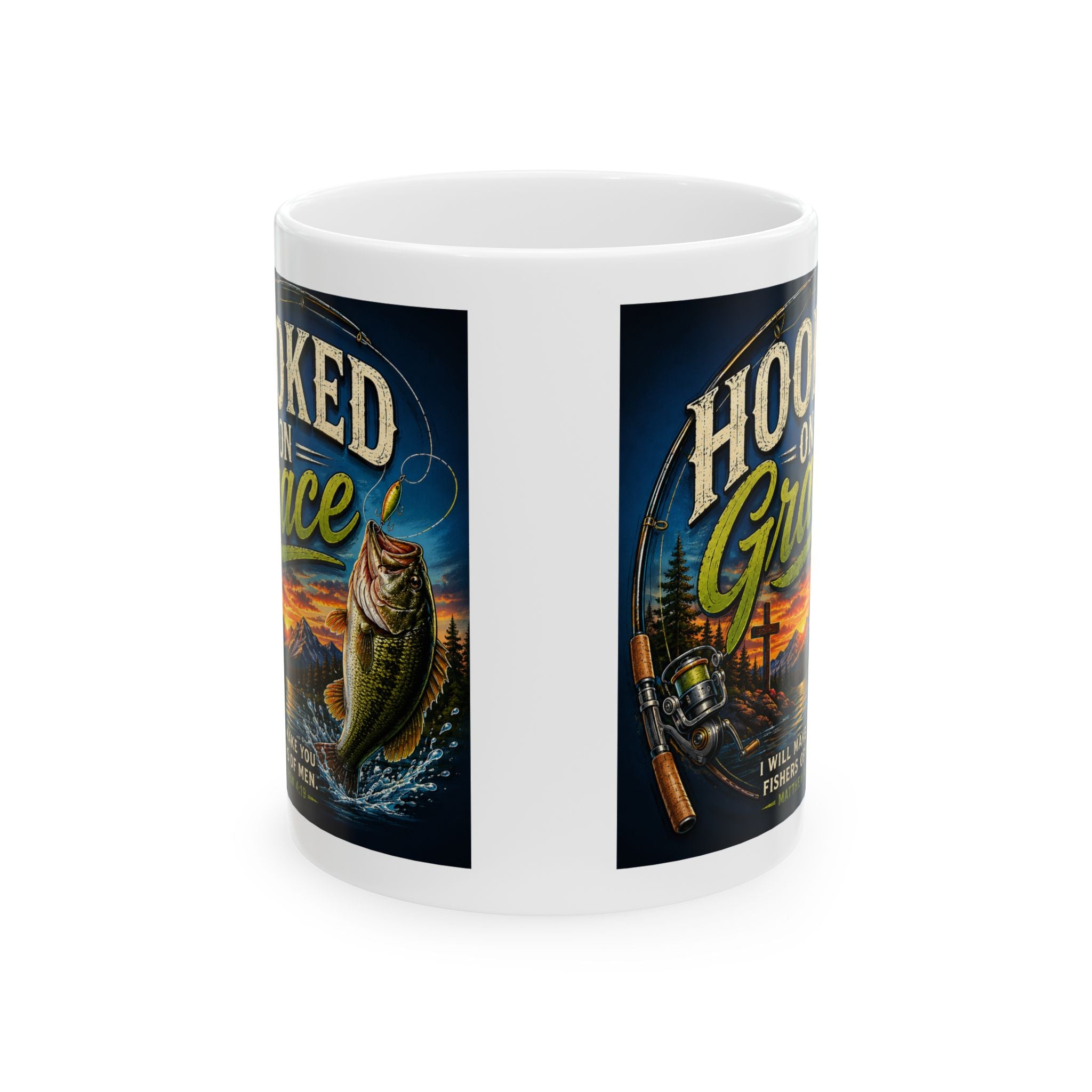 Hooked on Grace Christian Fishing Mug | Matthew 4:19 Fisher of Men Coffee Ceramic Mug, (11oz, 15oz)