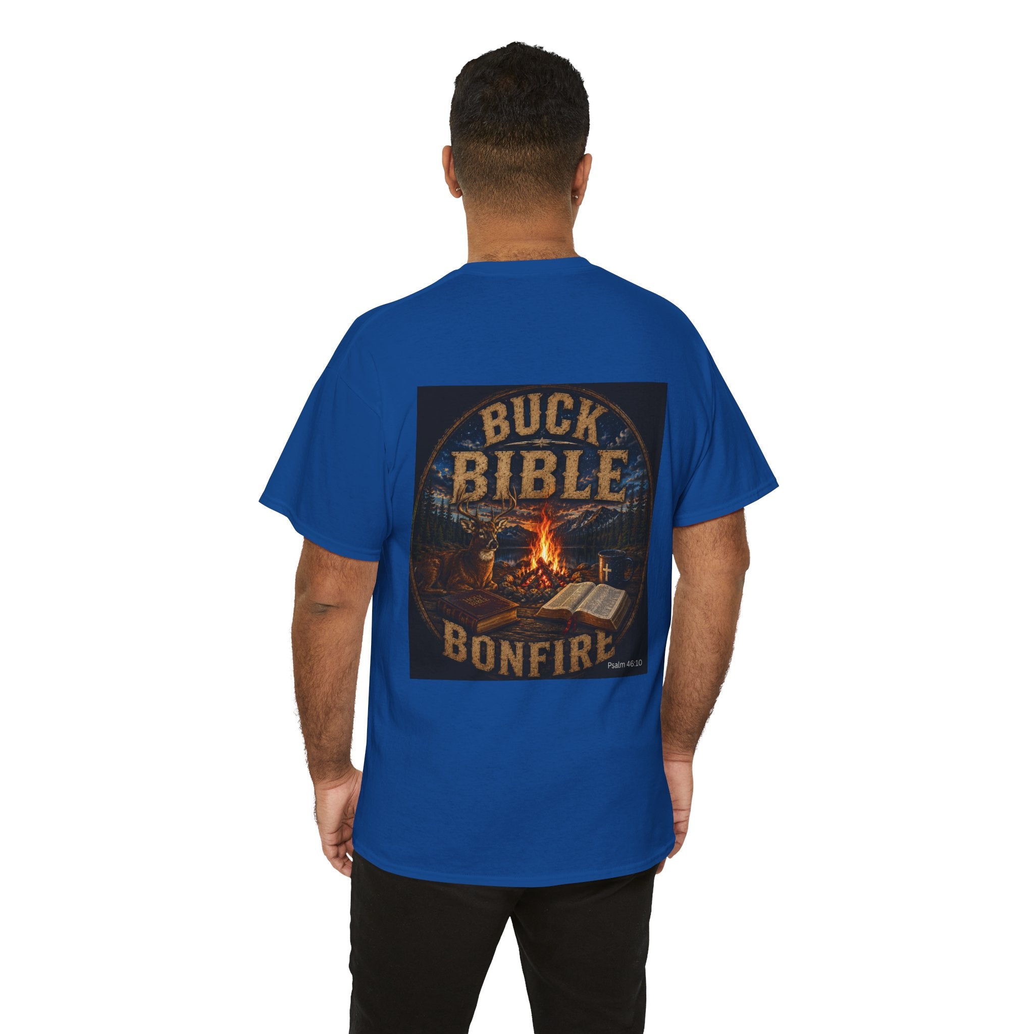 Buck Bible Bonfire Christian Hunting Shirt | Faith Outdoors T-Shirt | Rustic Campfire Deer Unisex Heavy Cotton Tee