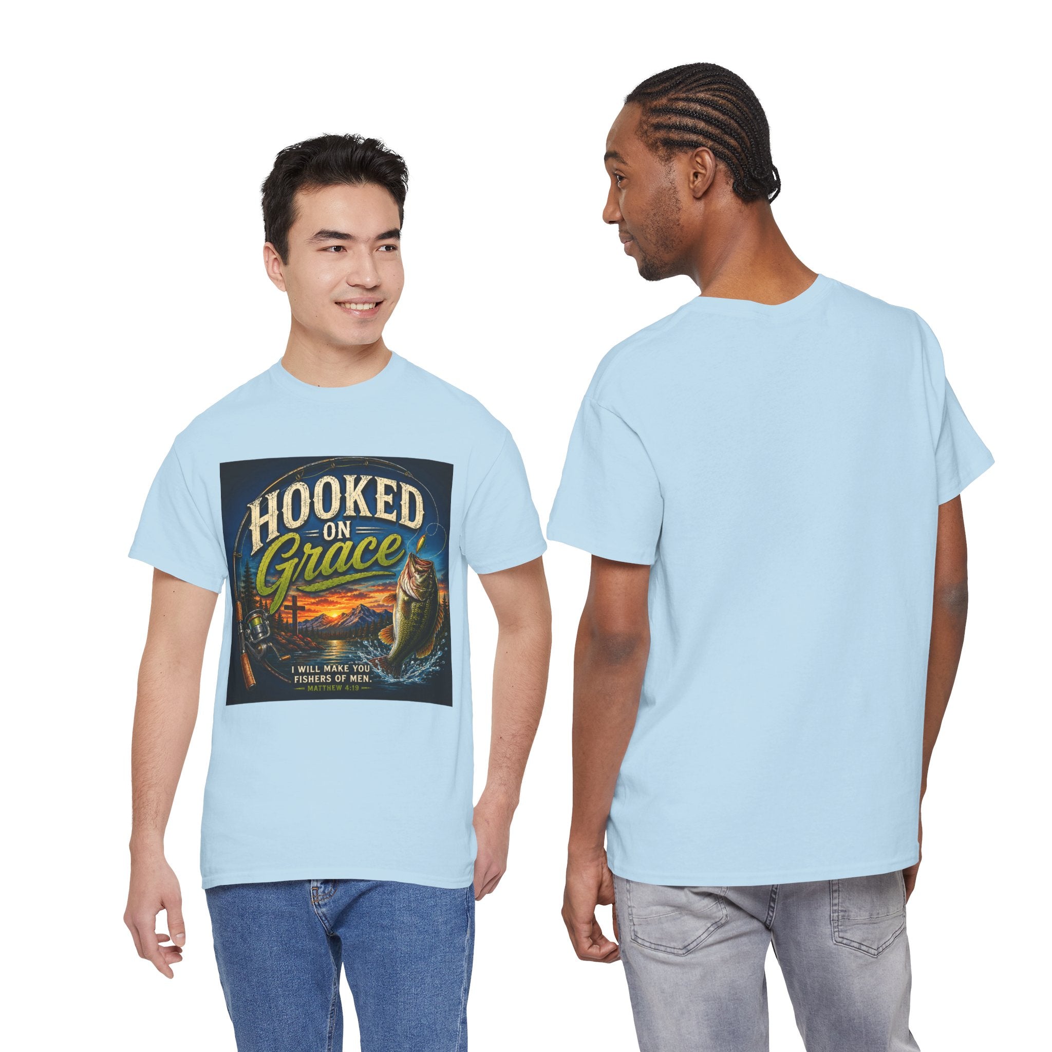 Hooked on Grace Christian Fishing T-Shirt | Faith Based Outdoor Unisex Heavy Cotton Tee