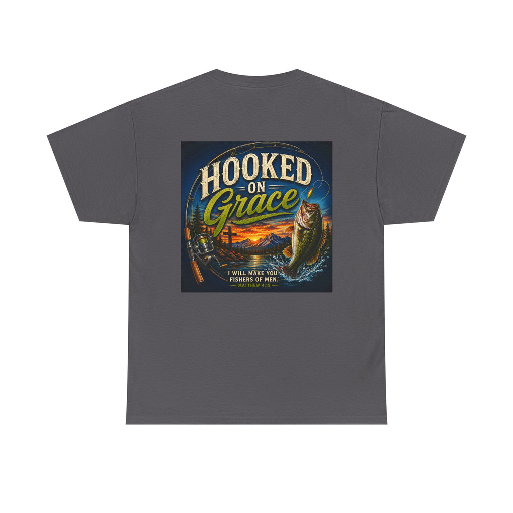 Hooked on Grace Christian Fishing Shirt | Faith-Based Outdoor Tee | Inspirational Fisherman Graphic T-Shirt Unisex Heavy Cotton Tee