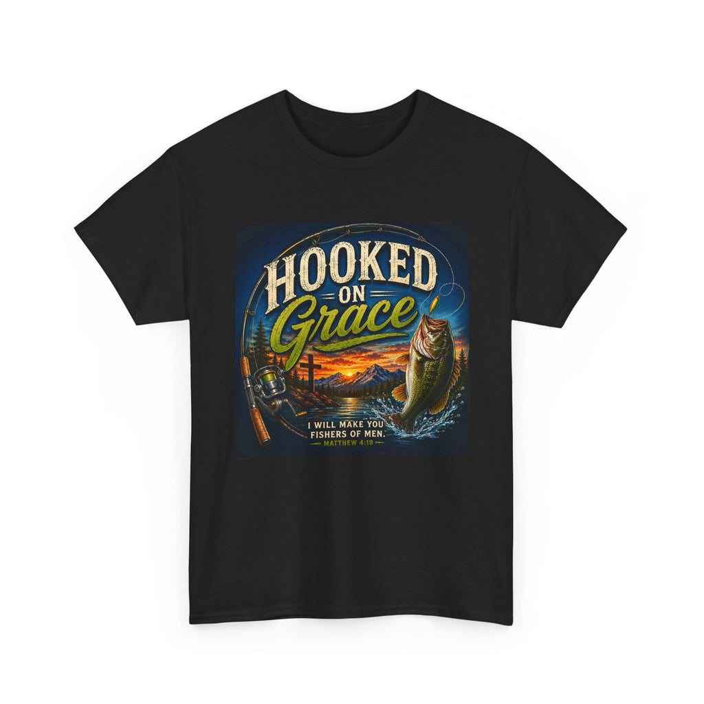 Hooked on Grace Christian Fishing T-Shirt | Faith Based Outdoor Unisex Heavy Cotton Tee