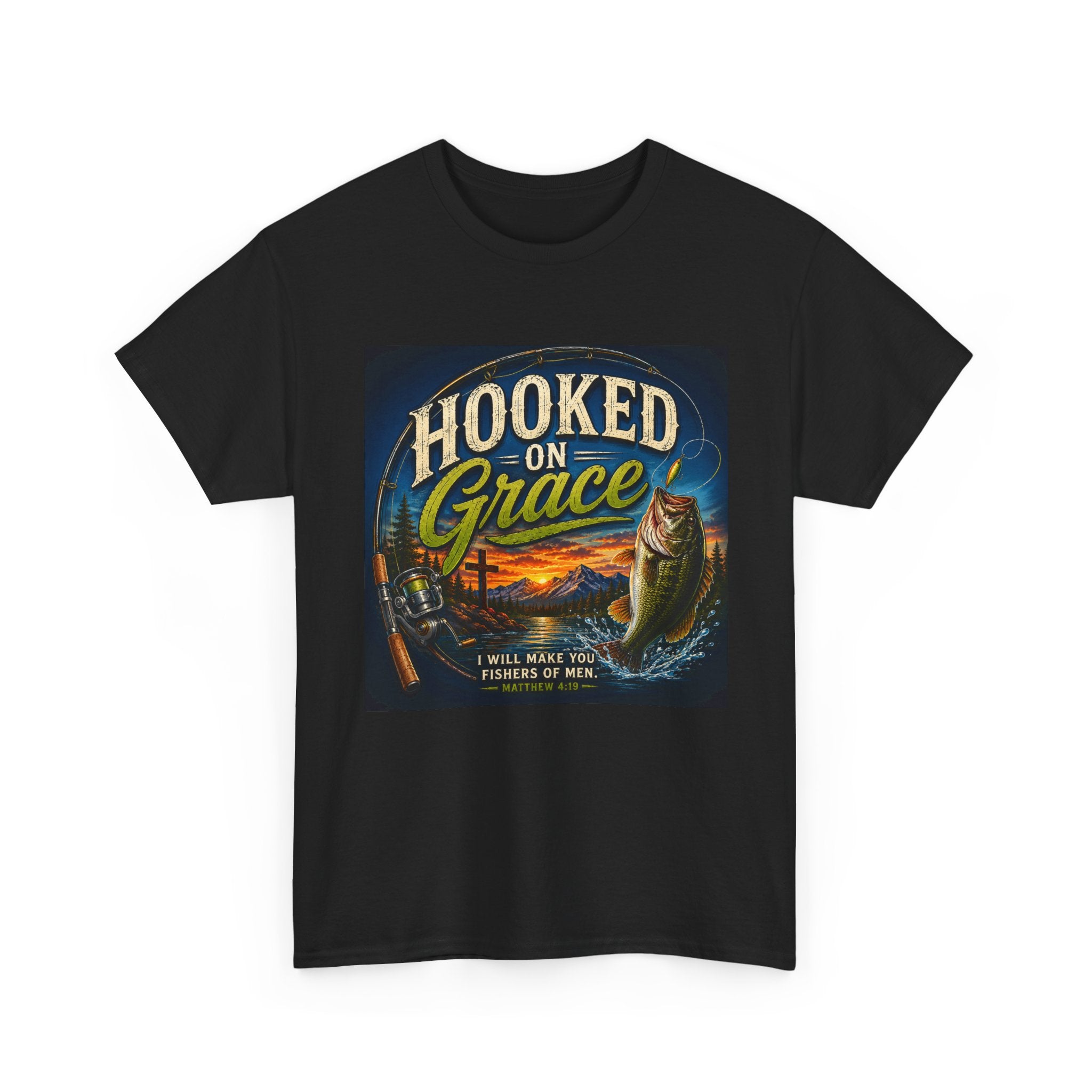 Hooked on Grace Christian Fishing T-Shirt | Faith Based Outdoor Unisex Heavy Cotton Tee
