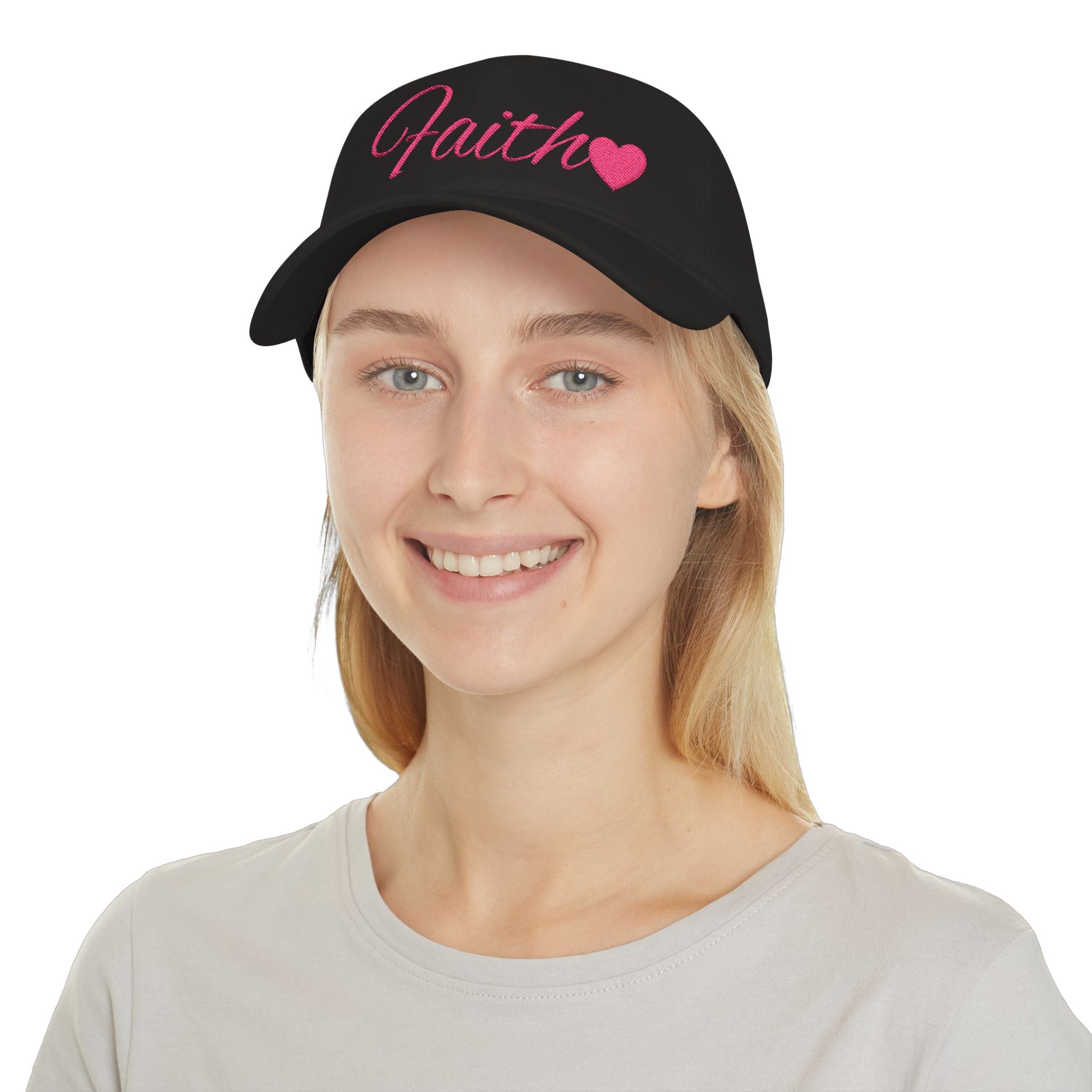 Faith Heart Embroidered Christian Cap – inspirational with Pink Script Design Low Profile Baseball Cap