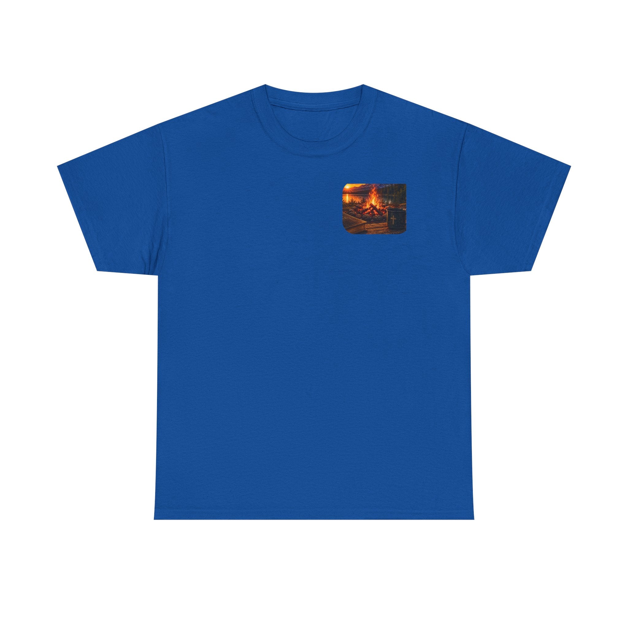 Buck Bible Bonfire Christian Hunting Shirt | Faith Outdoors T-Shirt | Rustic Campfire Deer Unisex Heavy Cotton Tee