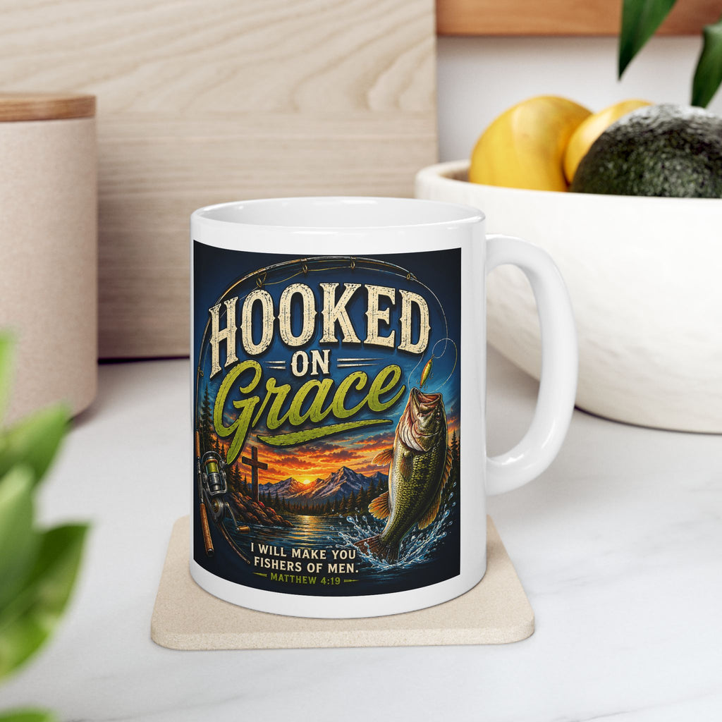 Hooked on Grace Christian Fishing Mug | Matthew 4:19 Fisher of Men Coffee Ceramic Mug, (11oz, 15oz)