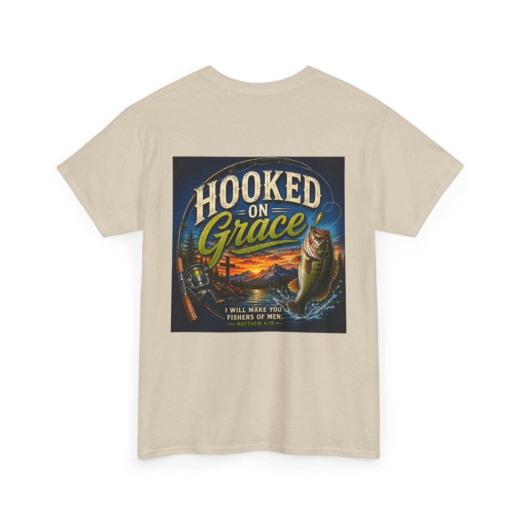 Hooked on Grace Christian Fishing T-Shirt | Faith Based Outdoor Unisex Heavy Cotton Tee