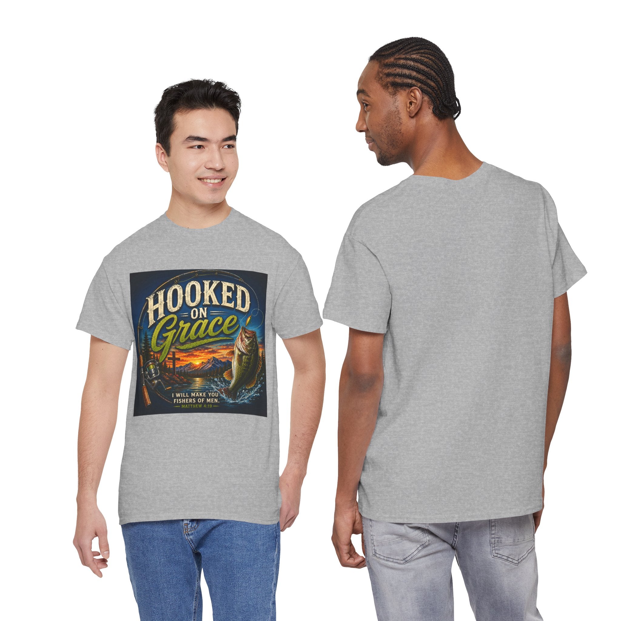 Hooked on Grace Christian Fishing T-Shirt | Faith Based Outdoor Unisex Heavy Cotton Tee
