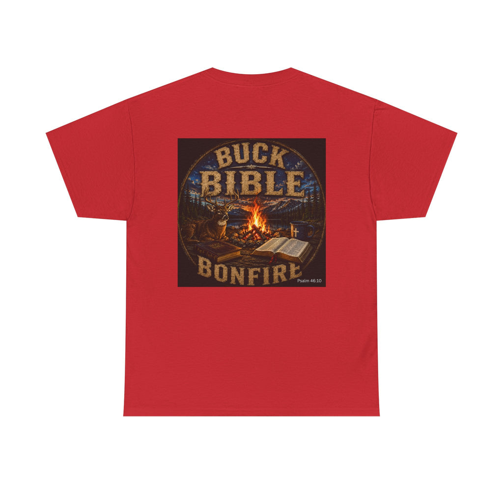 Buck Bible Bonfire Christian Hunting Shirt | Faith Outdoors T-Shirt | Rustic Campfire Deer Unisex Heavy Cotton Tee