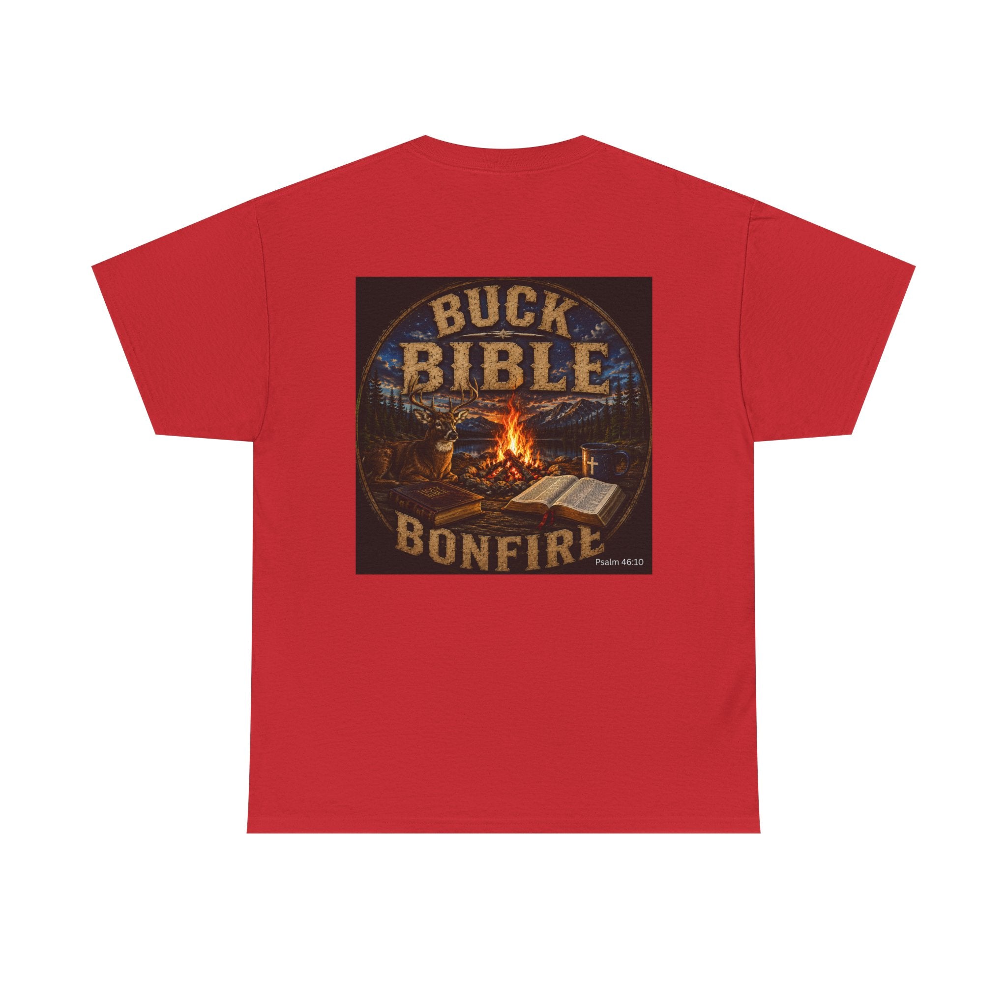 Buck Bible Bonfire Christian Hunting Shirt | Faith Outdoors T-Shirt | Rustic Campfire Deer Unisex Heavy Cotton Tee