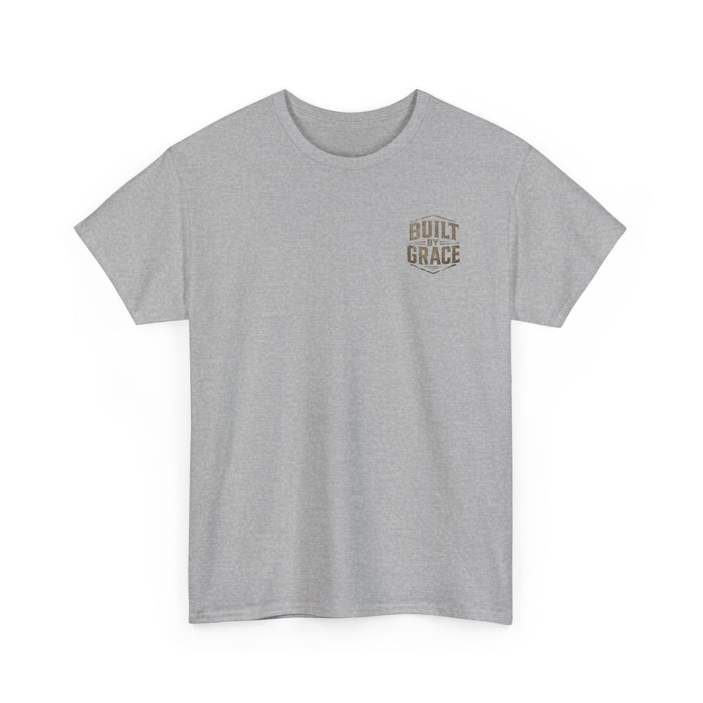 Built By Grace Christian T-Shirt | Rugged Faith-Based Graphic Tee | Inspirational Western Style Unisex Heavy Cotton Tee