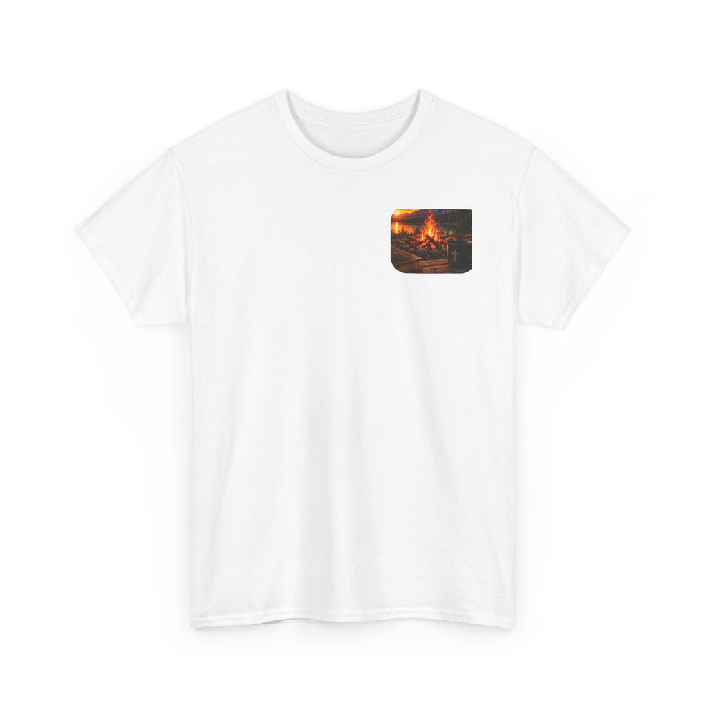 Buck Bible Bonfire Christian Hunting Shirt | Faith Outdoors T-Shirt | Rustic Campfire Deer Unisex Heavy Cotton Tee