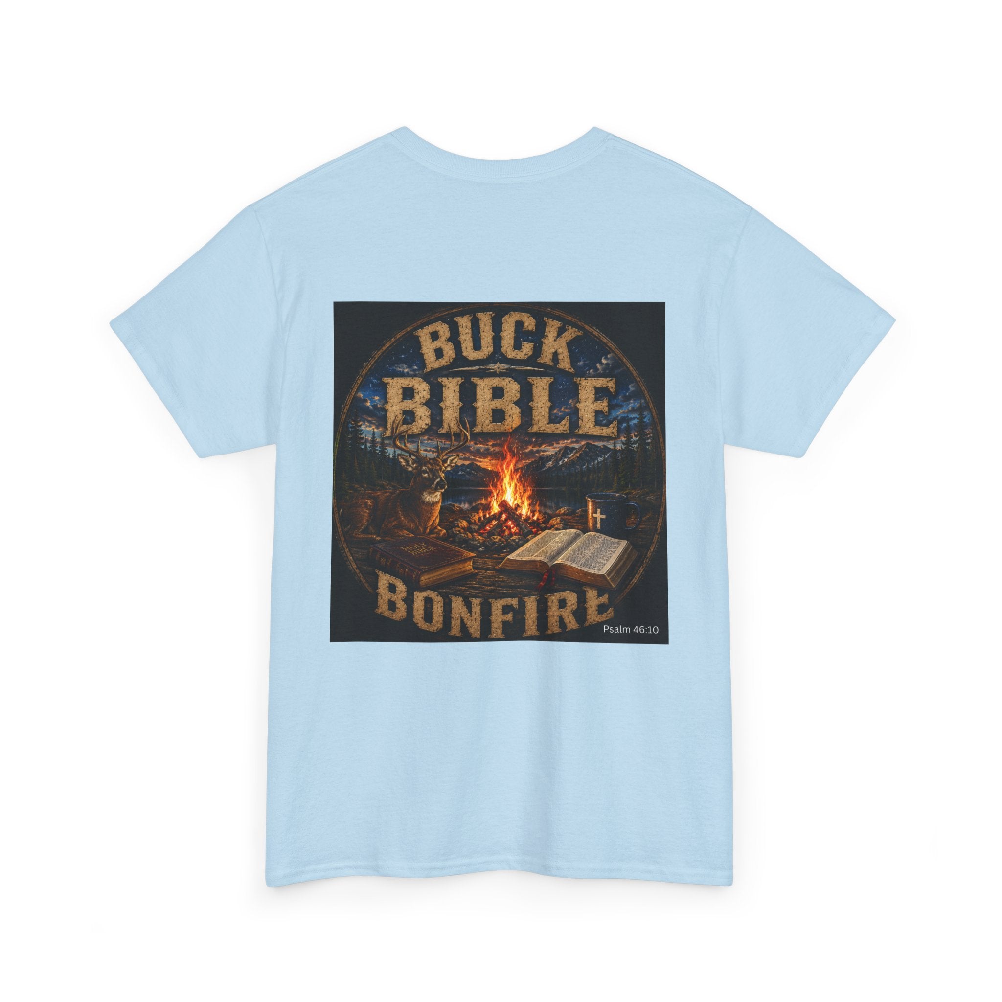 Buck Bible Bonfire Christian Hunting Shirt | Faith Outdoors T-Shirt | Rustic Campfire Deer Unisex Heavy Cotton Tee