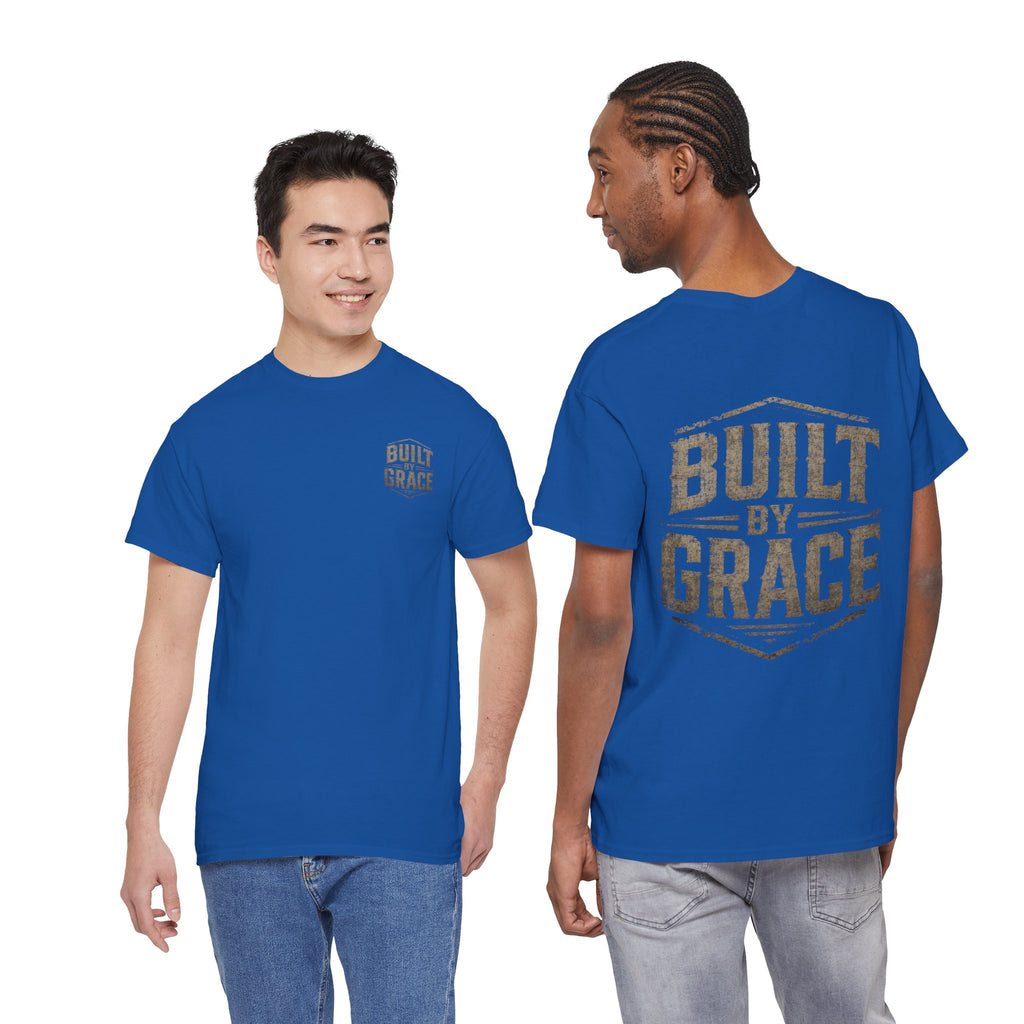 Built By Grace Christian T-Shirt | Rugged Faith-Based Graphic Tee | Inspirational Western Style Unisex Heavy Cotton Tee