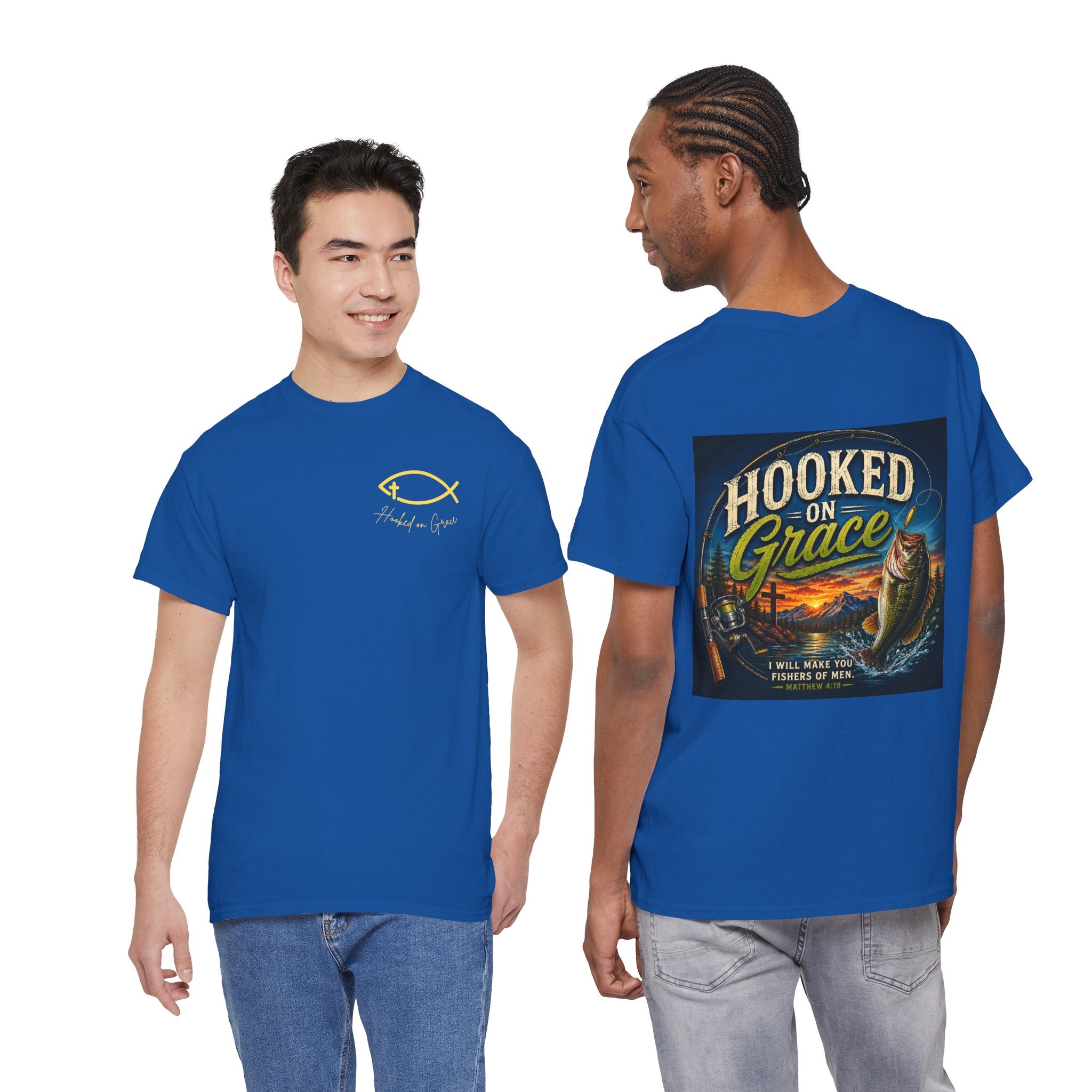 Hooked on Grace Christian Fishing Shirt | Faith-Based Outdoor Tee | Inspirational Fisherman Graphic T-Shirt Unisex Heavy Cotton Tee