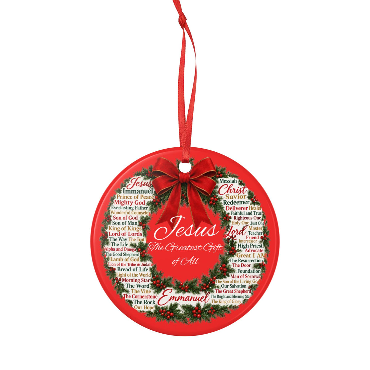 Names of Jesus Christmas Wreath Ceramic Ornament, 2-Side Print