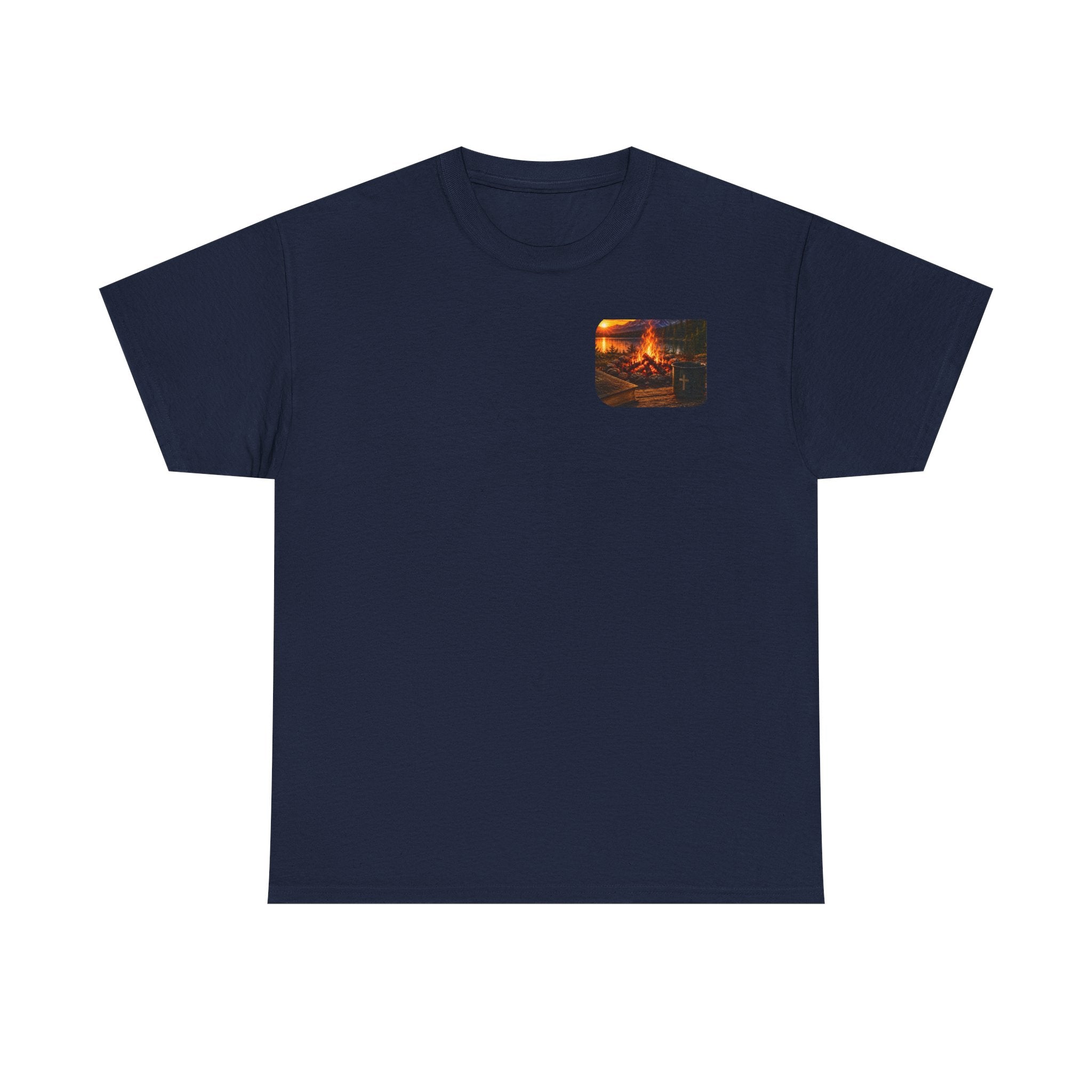 Buck Bible Bonfire Christian Hunting Shirt | Faith Outdoors T-Shirt | Rustic Campfire Deer Unisex Heavy Cotton Tee