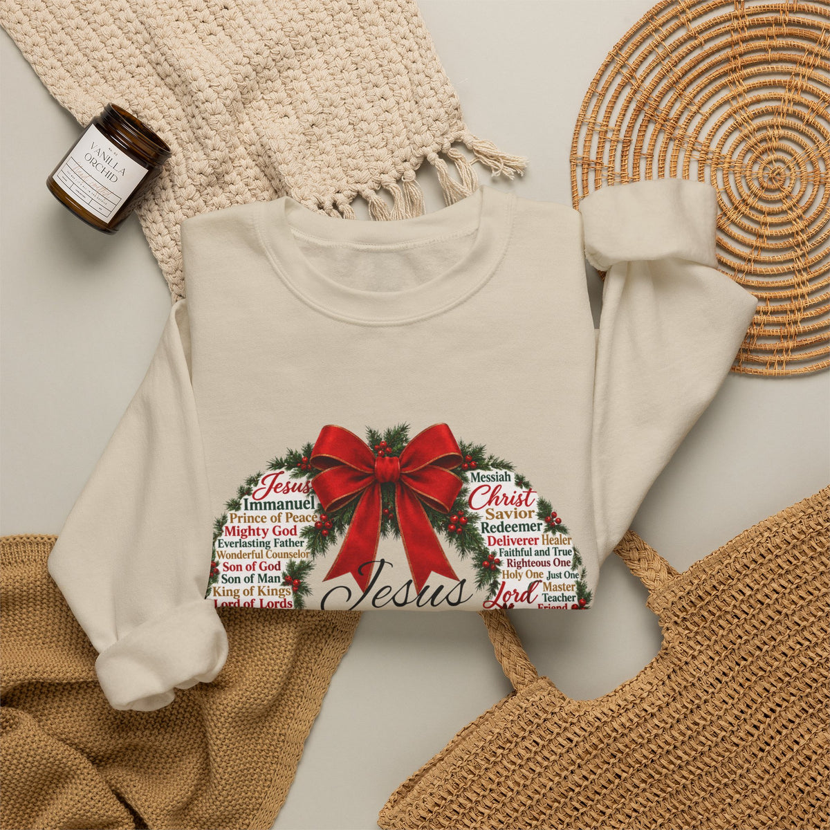 Names of Jesus Christmas Wreath Christian Heavy Blend™ Crewneck Sweatshirt