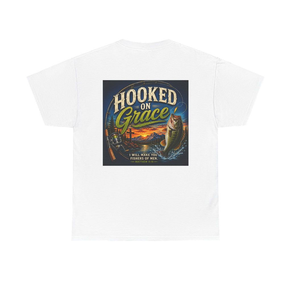 Hooked on Grace Christian Fishing Shirt | Faith-Based Outdoor Tee | Inspirational Fisherman Graphic T-Shirt Unisex Heavy Cotton Tee
