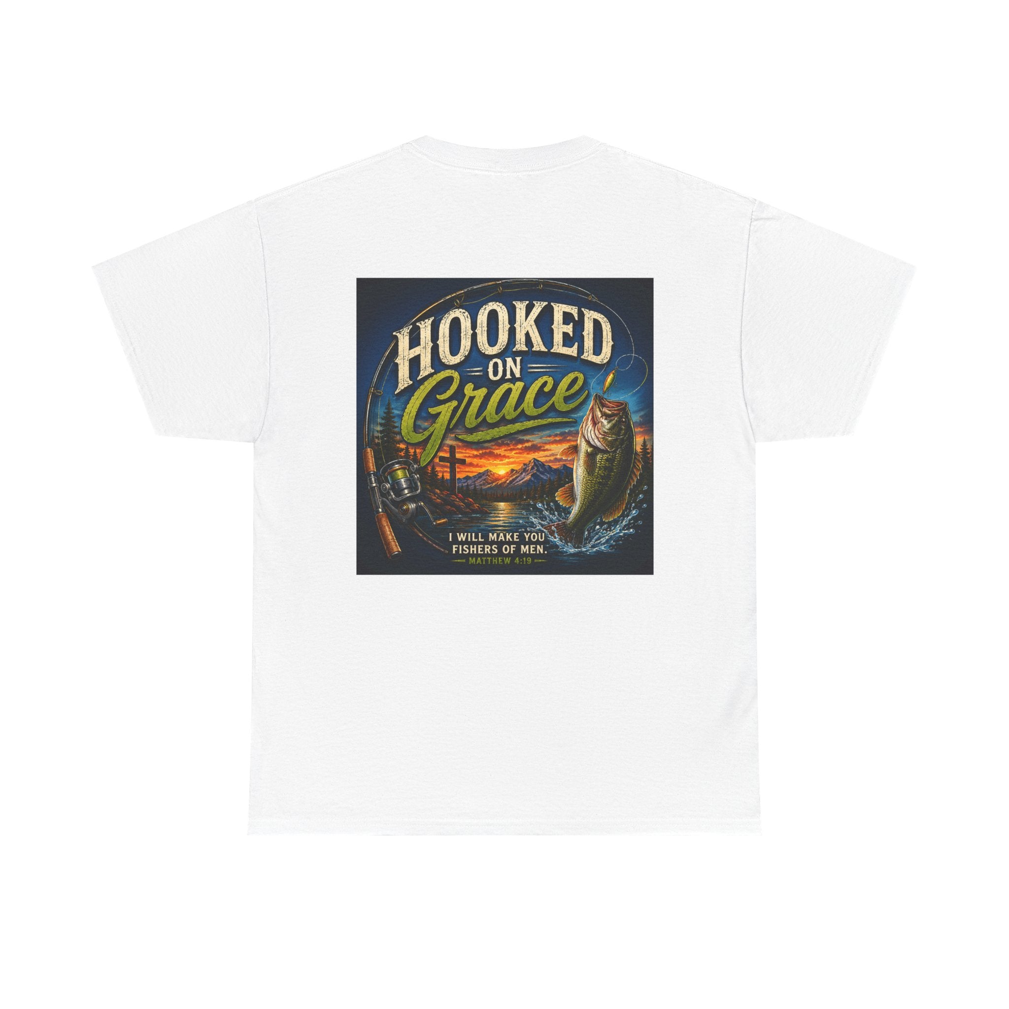Hooked on Grace Christian Fishing Shirt | Faith-Based Outdoor Tee | Inspirational Fisherman Graphic T-Shirt Unisex Heavy Cotton Tee